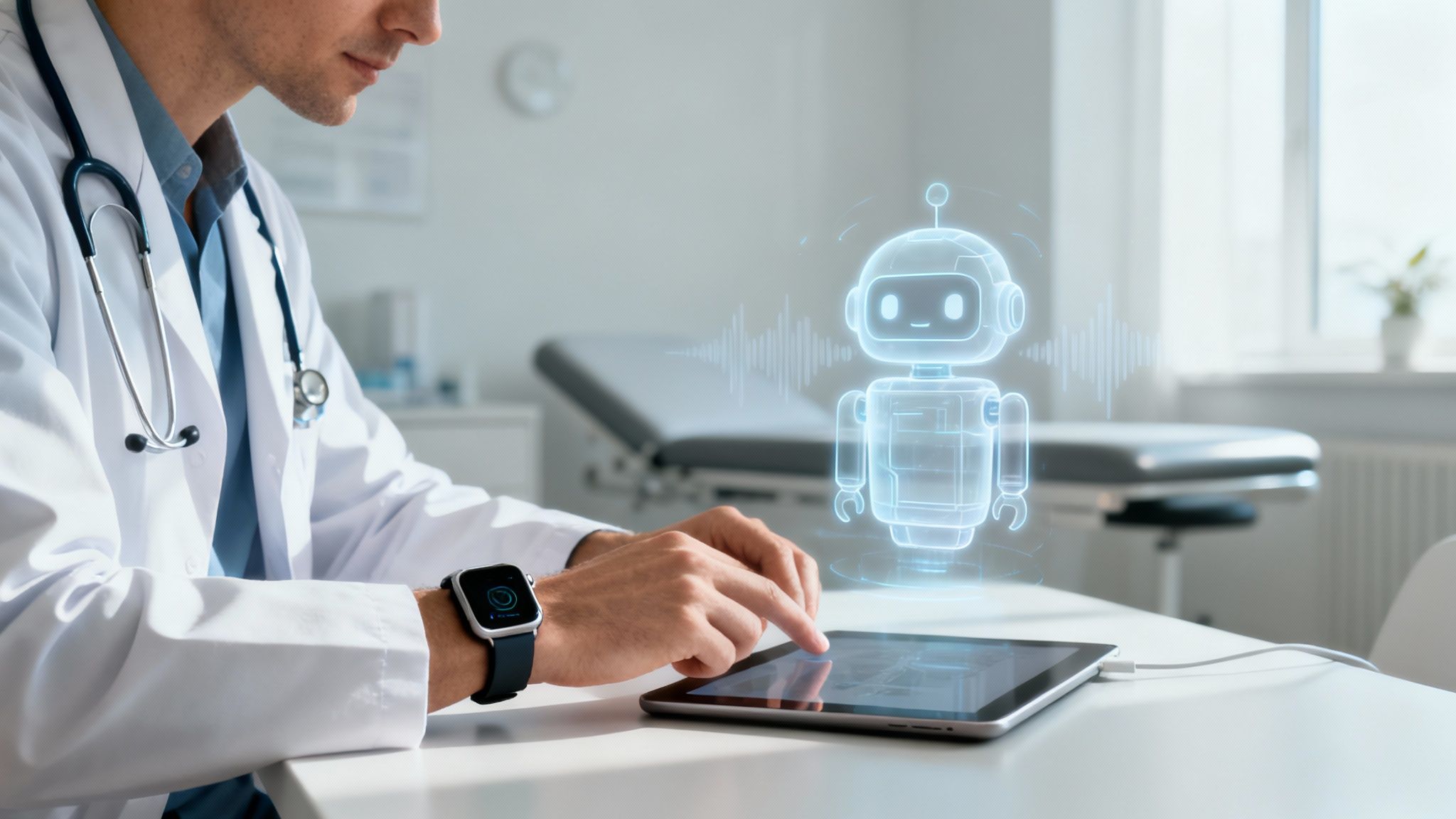 Doctor using a tablet with a holographic medical chatbot for healthcare assistance.