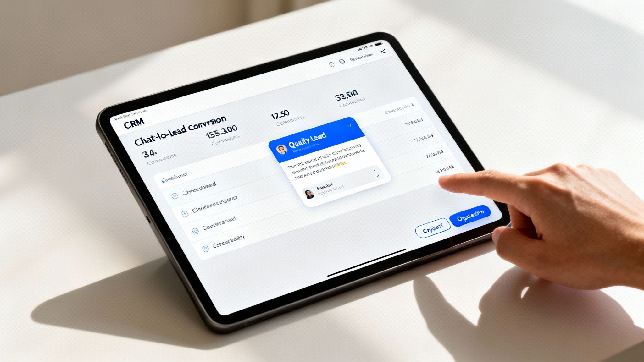 A hand tapping a tablet screen showing a CRM dashboard with lead conversion data and a 'Quality Lead' pop-up.