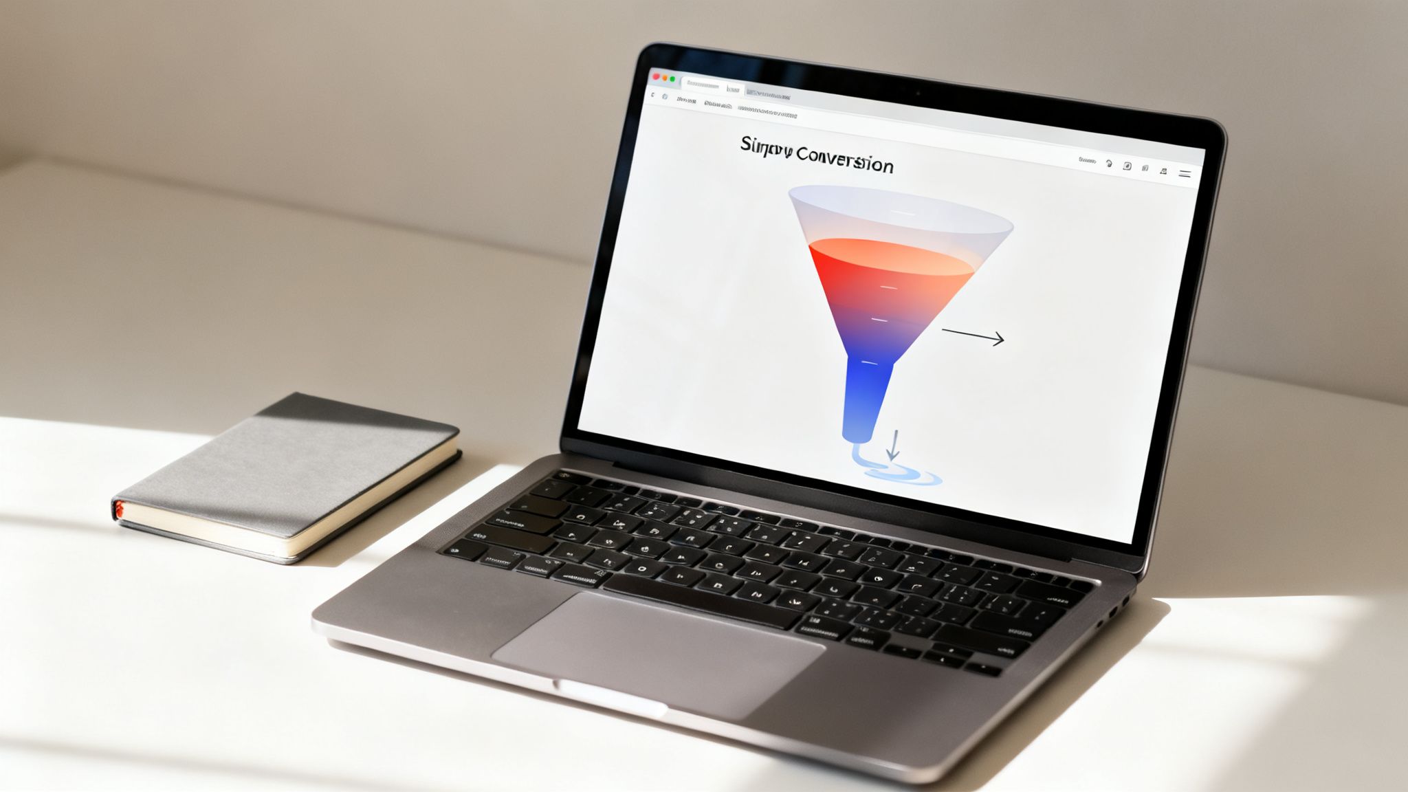A laptop displays a digital marketing conversion funnel graphic next to a gray notebook on a sunny white desk.