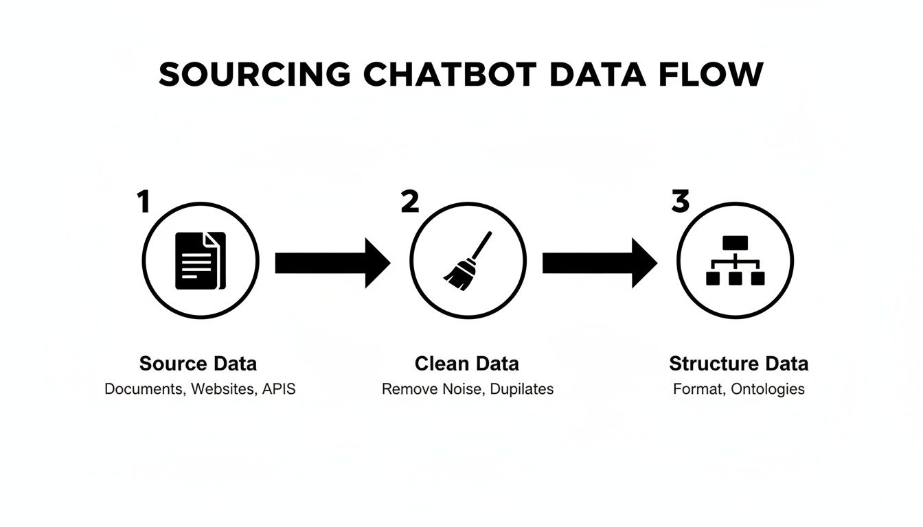 Diagram showing the 3-step data flow for sourcing chatbot data: source, clean, and structure.