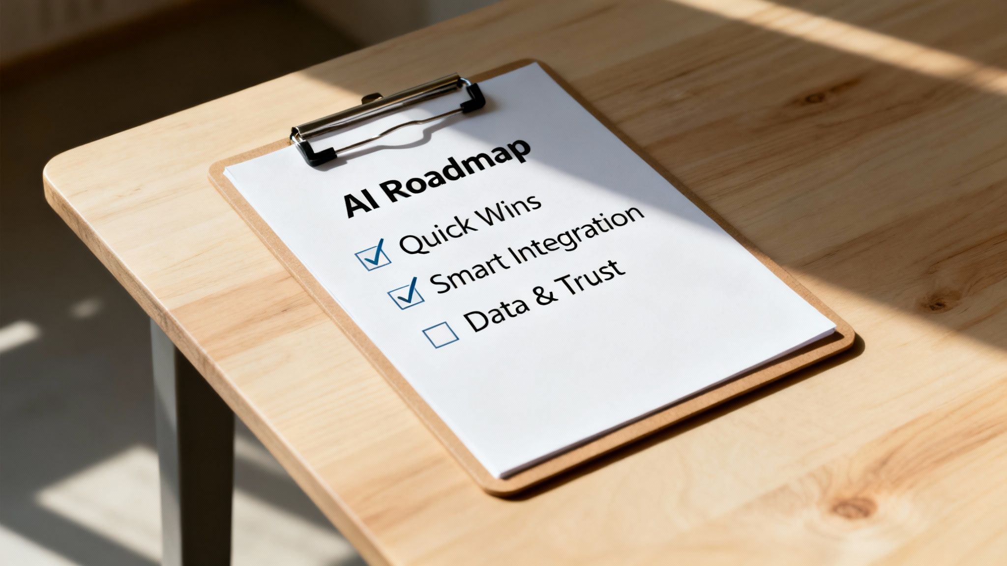 A clipboard on a wooden table with an 'AI Roadmap' checklist, showing 'Quick Wins' and 'Smart Integration' checked.