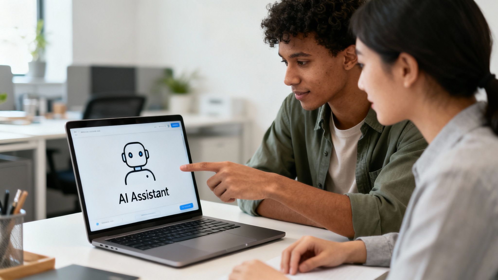 Two colleagues intently discuss AI assistant software displayed on a laptop in a modern office.