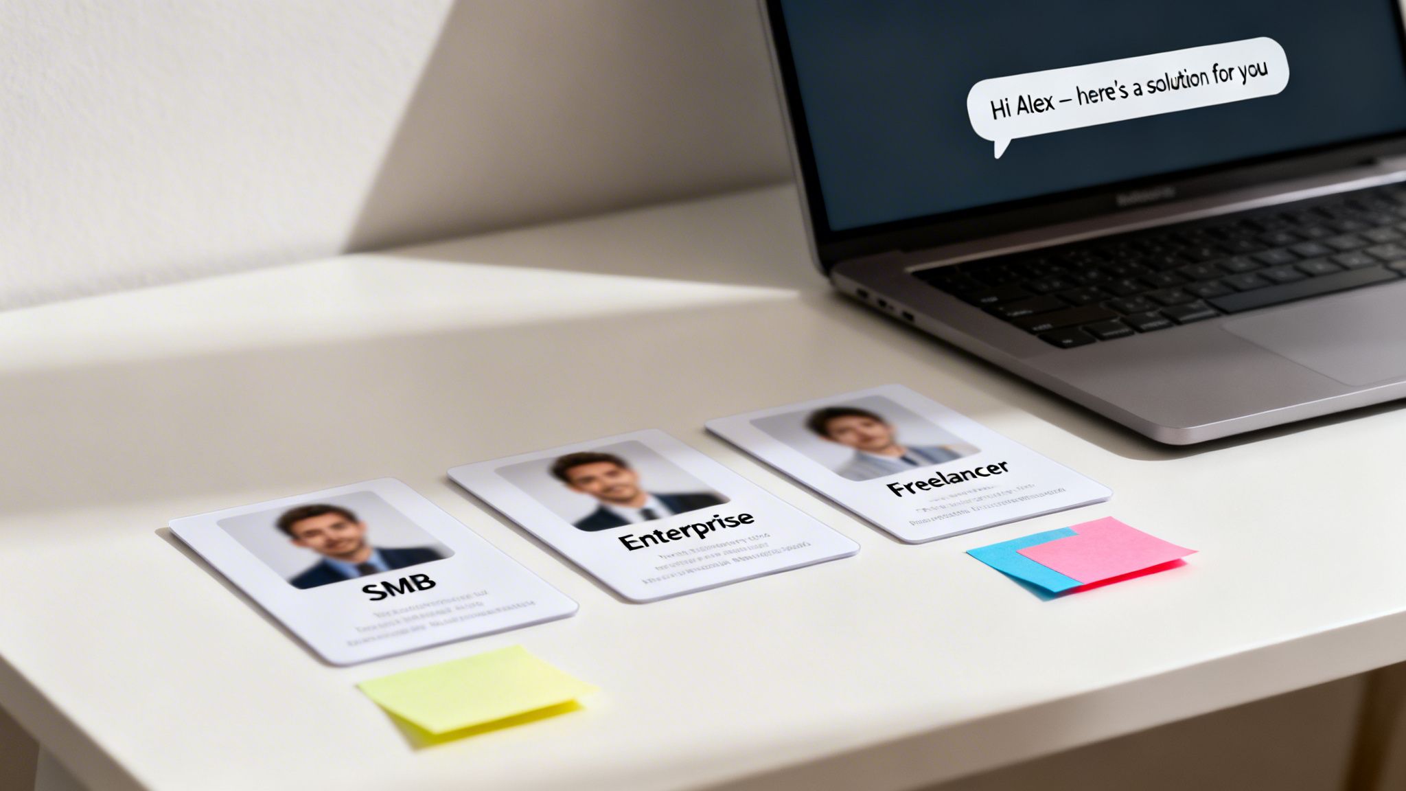 Laptop displaying a chat message with a solution, alongside cards for SMB, Enterprise, and Freelancer customer segments on a white desk with sticky notes.