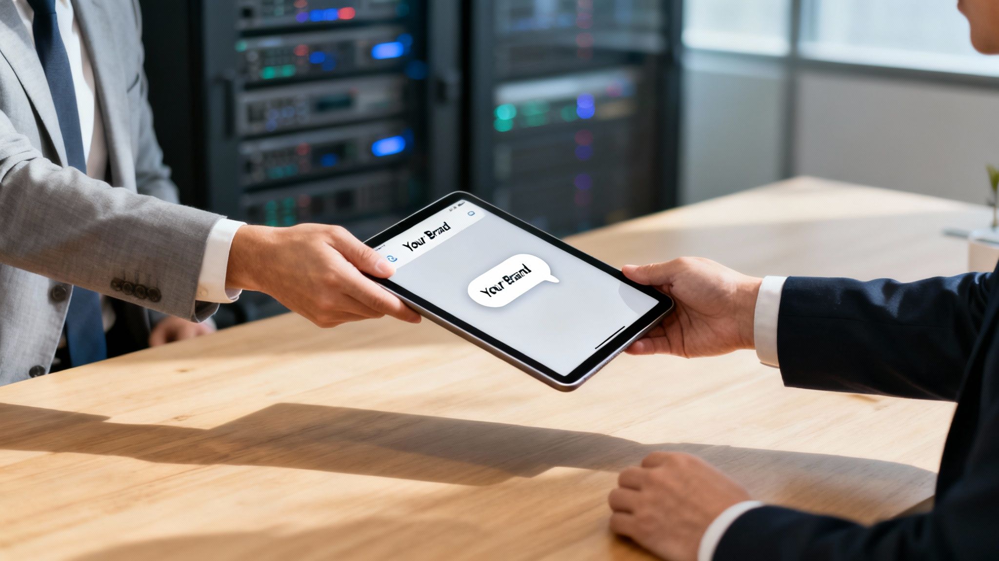 Two businessmen exchanging a tablet displaying "Your Brand" messages in a modern office with server racks.