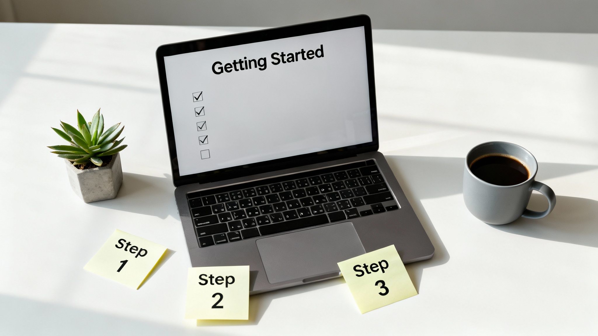 A workspace with a laptop displaying a 'Getting Started' checklist, coffee, plant, and step notes.