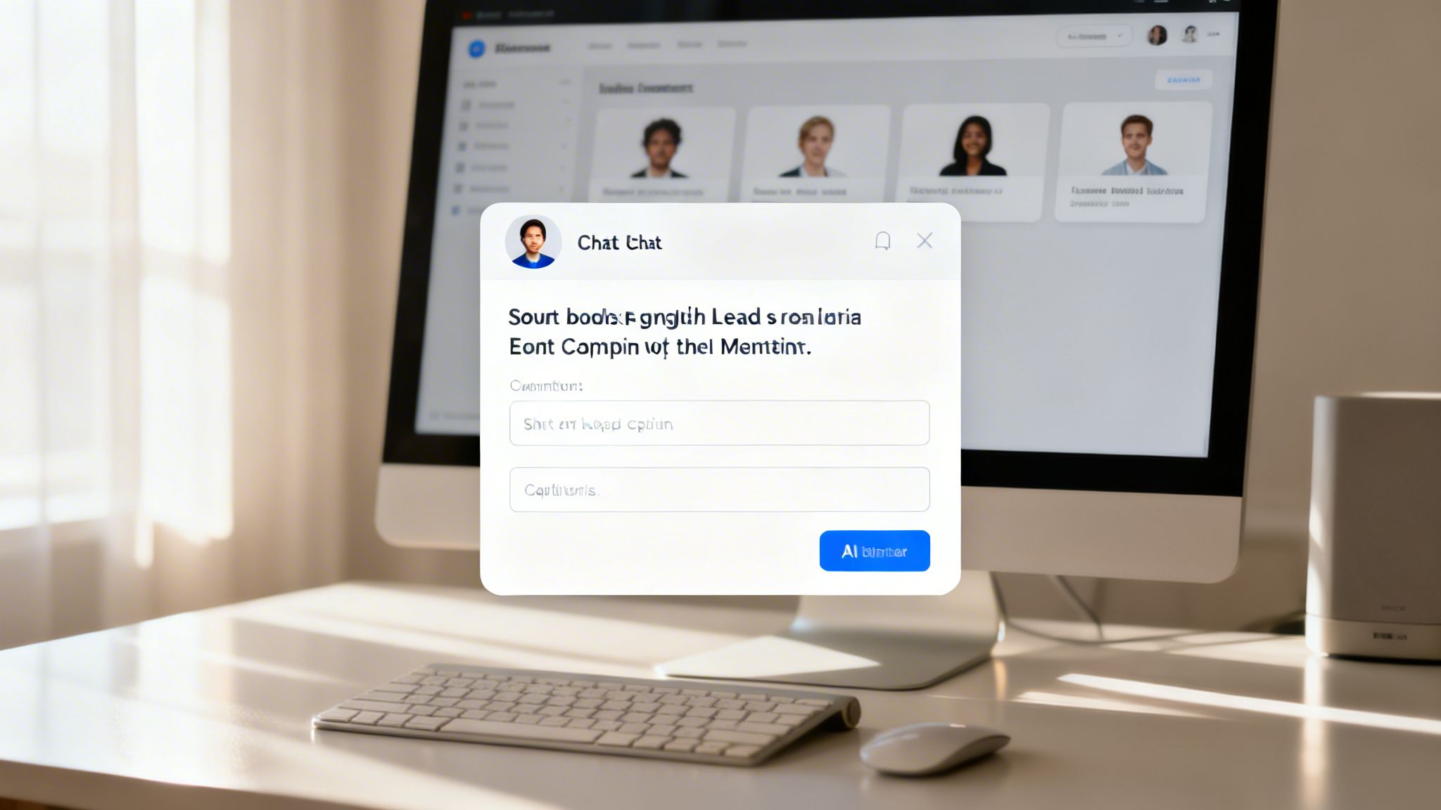 A computer monitor displaying a chat interface on a desk with a keyboard and mouse, bathed in sunlight.