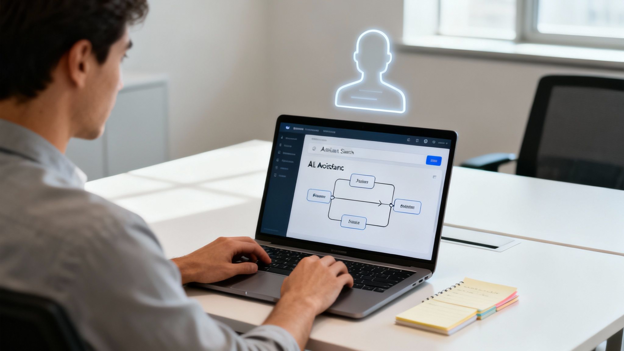 Man using a laptop with an AI assistant flowchart and a glowing user icon.