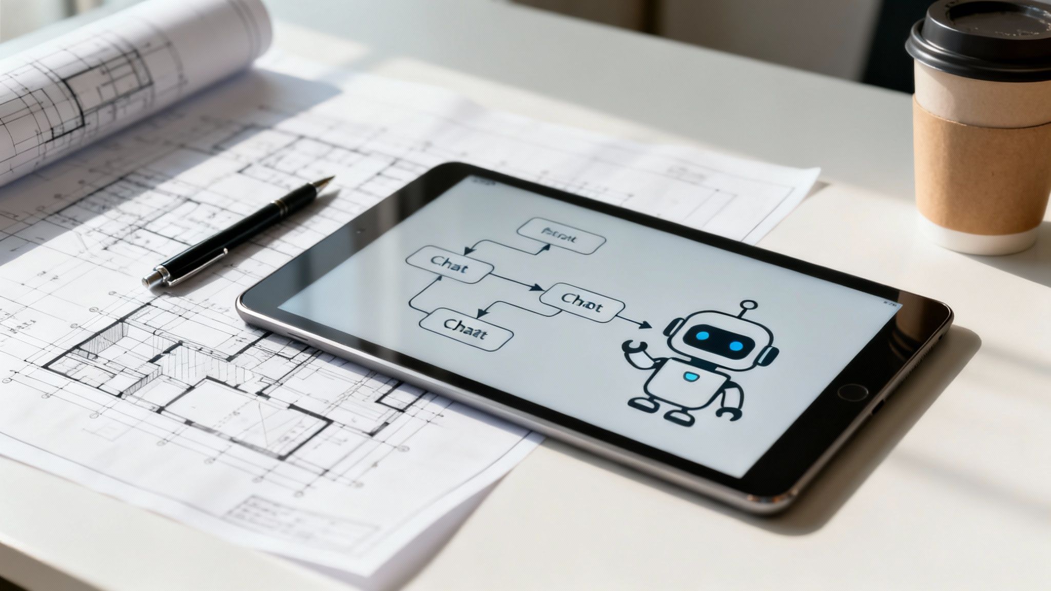 A tablet on a desk shows a chatbot diagram and robot alongside architectural blueprints.