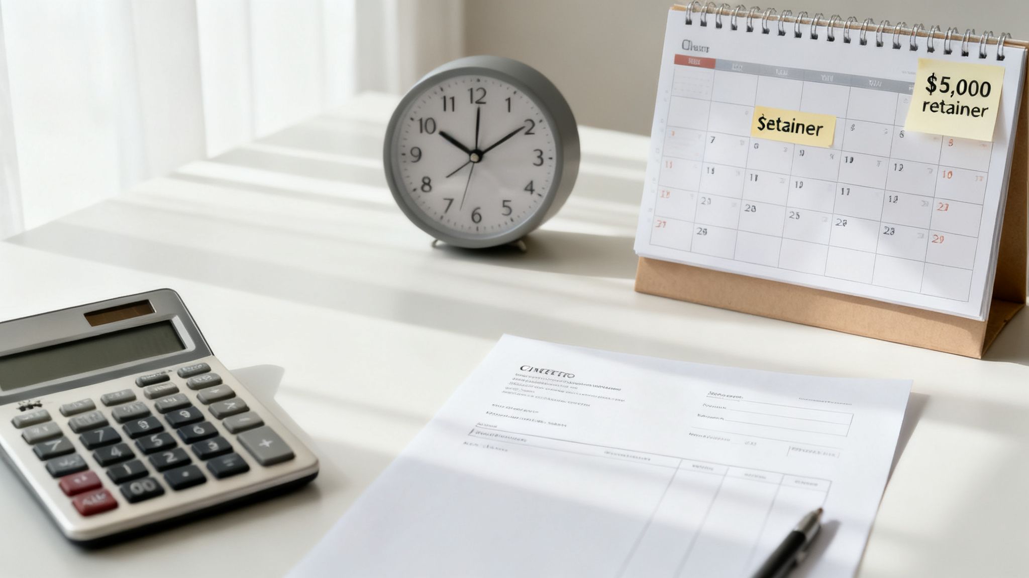 Desk with a calculator, an alarm clock, a calendar with 'retainer' sticky notes, a document, and a pen.