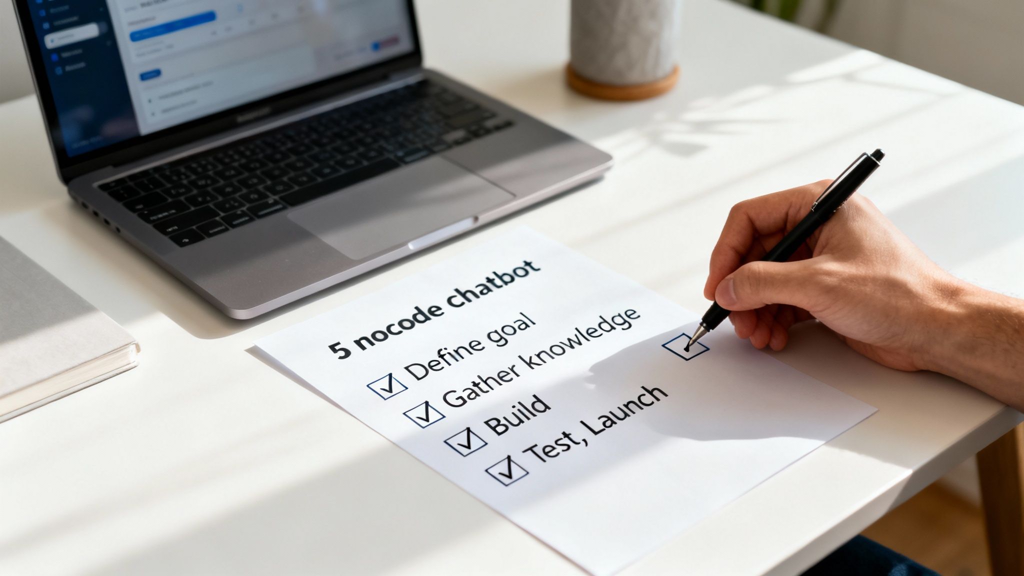 A person's hand checks off tasks on a '5 no-code chatbot' checklist next to a laptop.