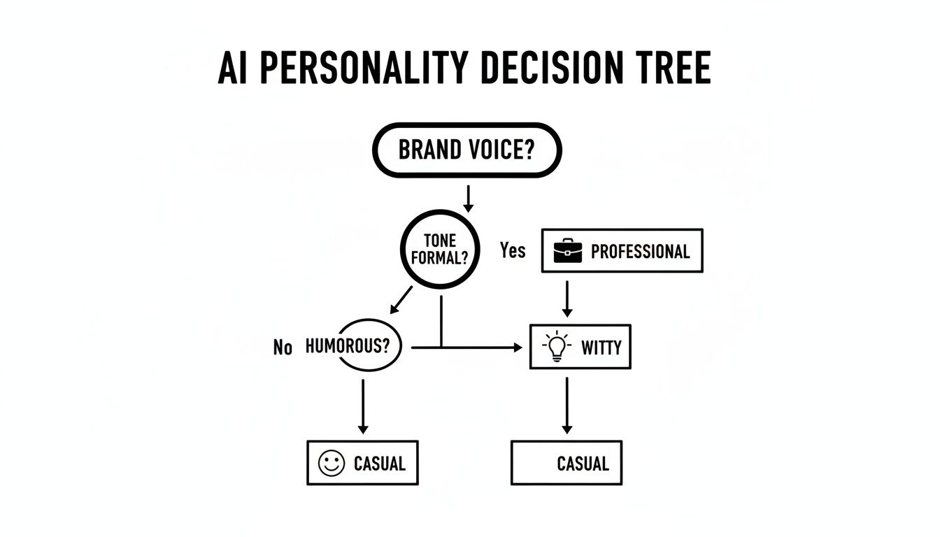 AI personality decision tree flowchart detailing brand voice, formal tone, humor, and resulting personalities.