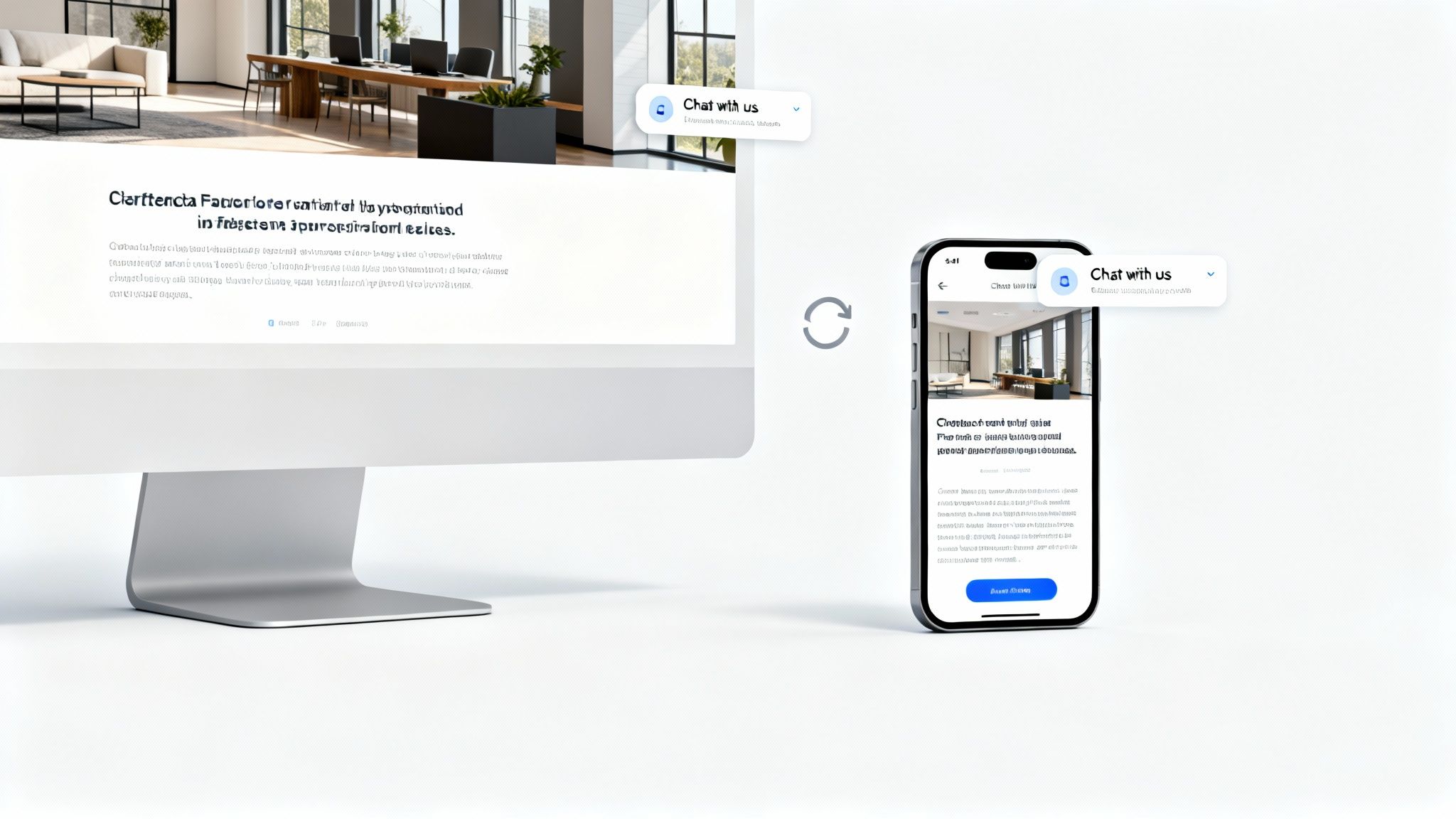 Responsive web design showing an office interior on a desktop and smartphone, featuring a 'Chat with us' widget.