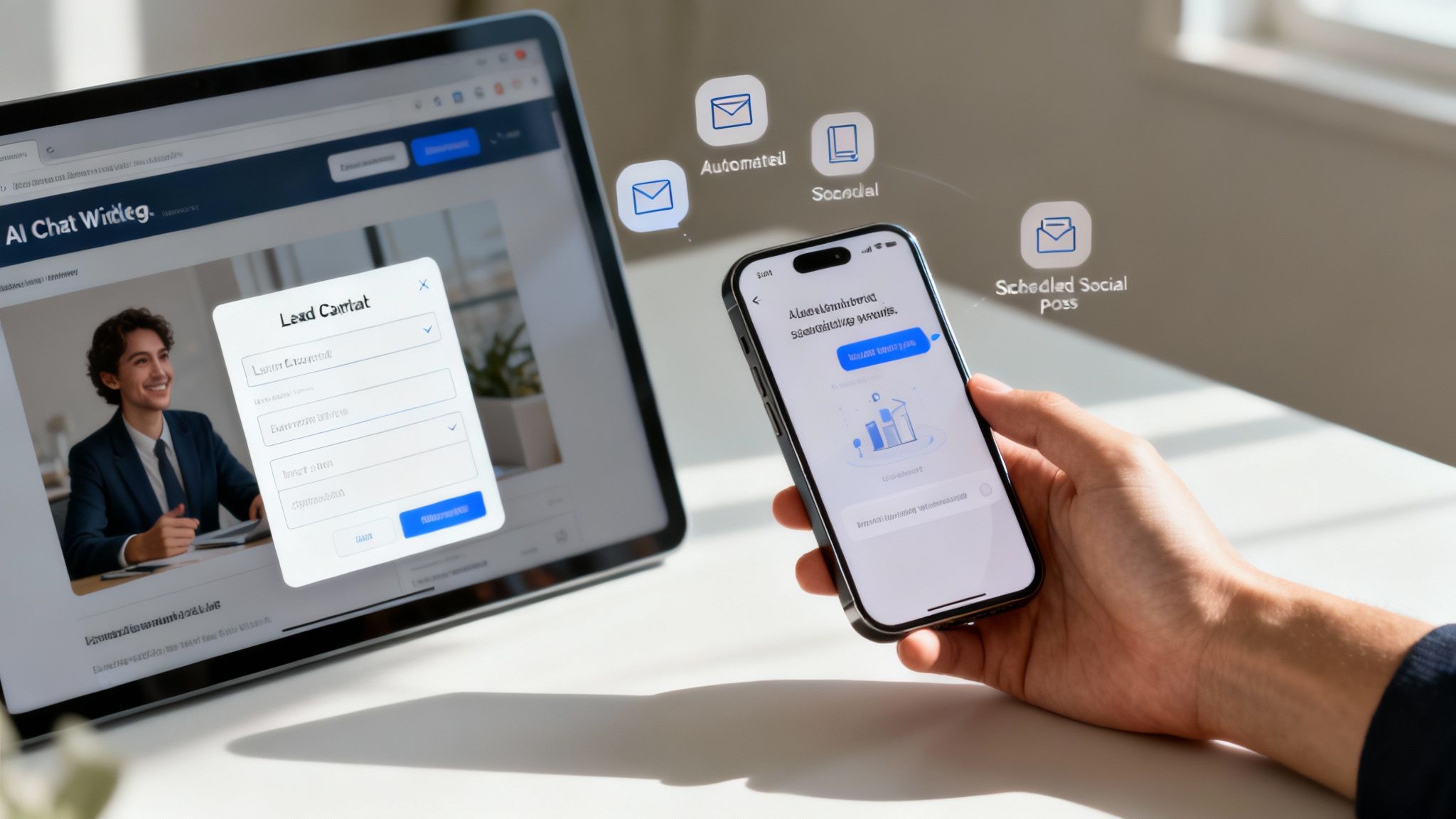 A person interacts with a tablet and smartphone displaying lead generation forms and marketing automation features.