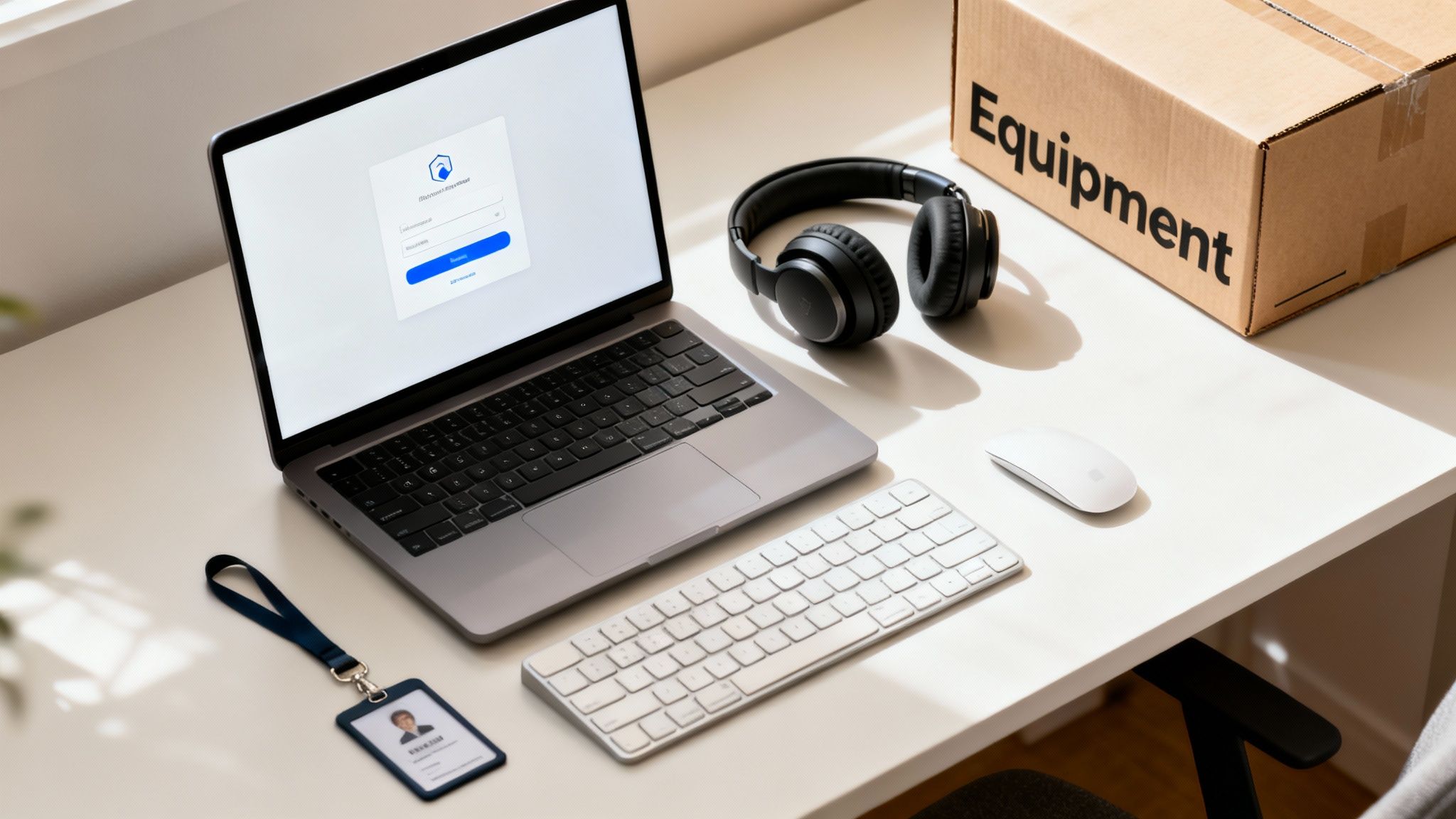 A clean desk setup for a new employee with a laptop, headphones, keyboard, mouse, ID badge, and an 'Equipment' box.