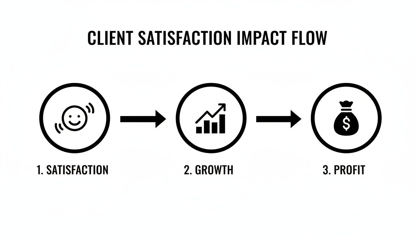 Flowchart illustrating how client satisfaction leads to business growth and increased profit.