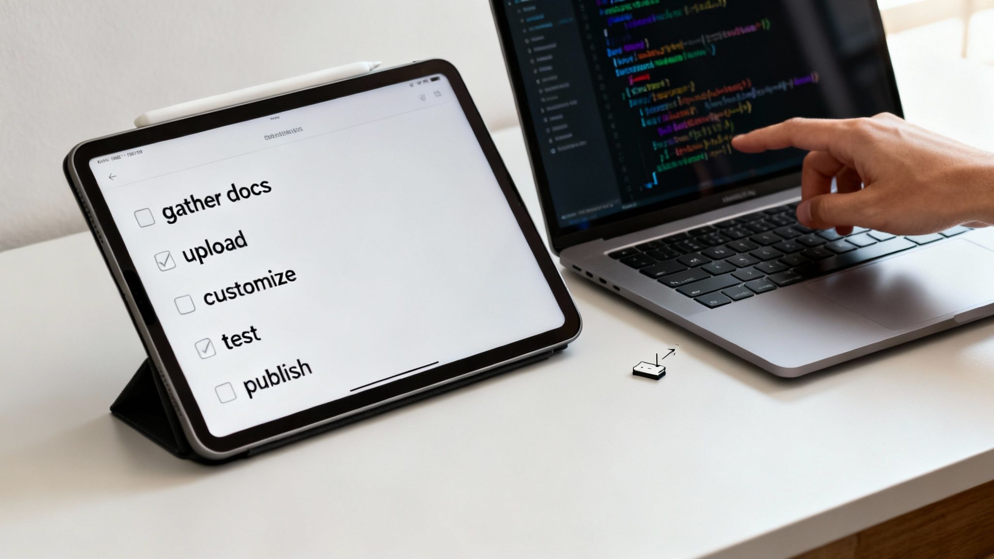 A person uses a tablet with a checklist and a laptop displaying code, illustrating a digital workflow.