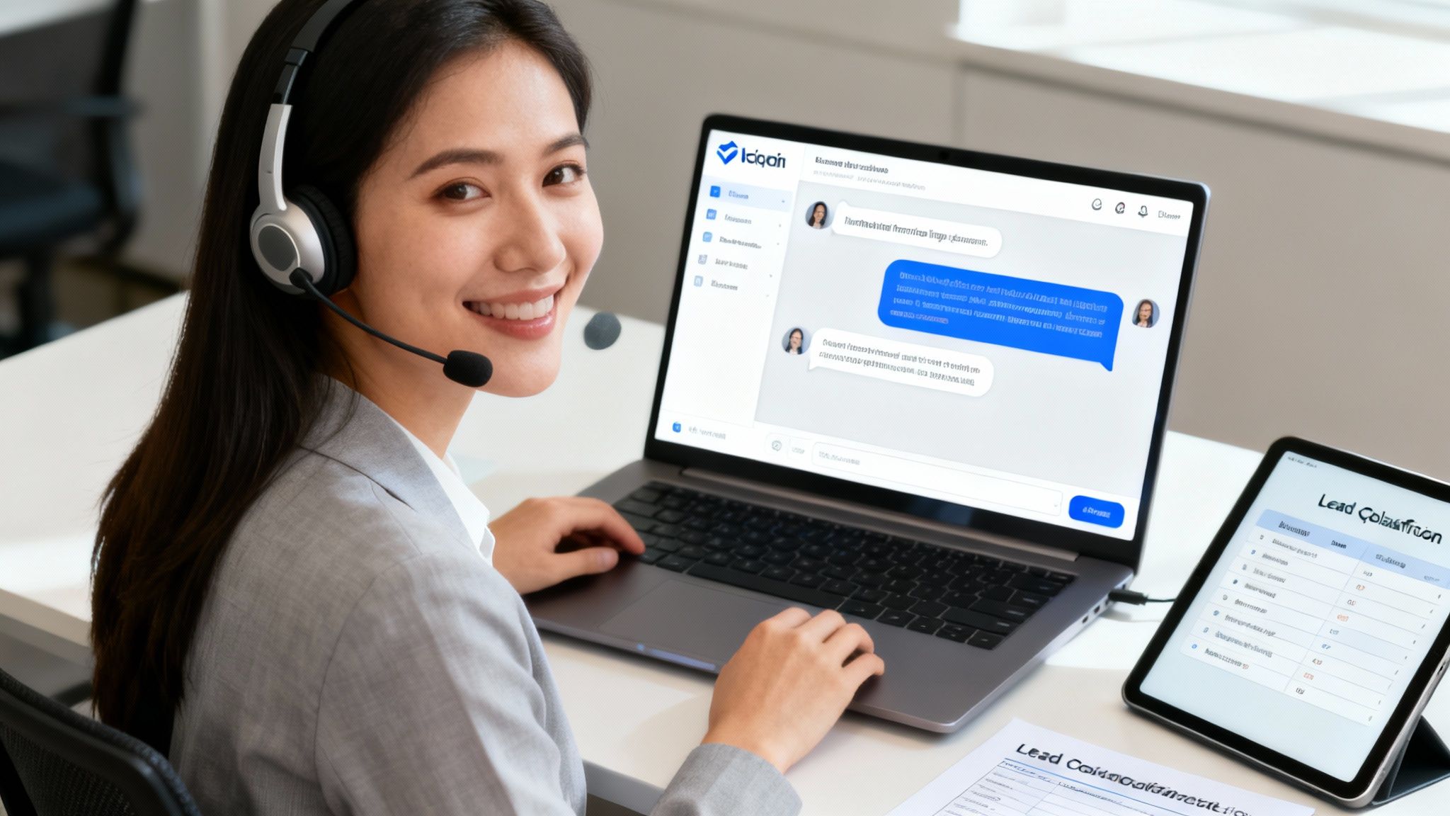 Smiling customer service agent with headset uses laptop for chat and lead collection.