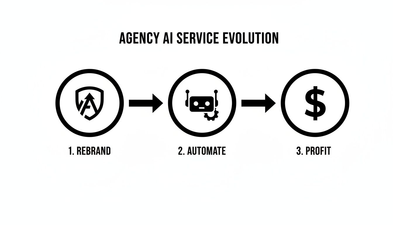 A diagram illustrating the three steps of Agency AI Service Evolution: Rebrand, Automate, Profit.