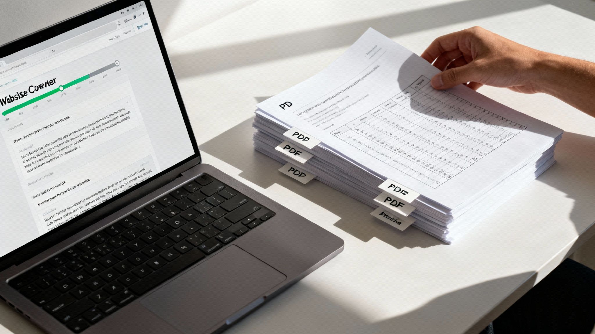 A person's hand reaches for a document from a stack of papers labeled "PDF" next to a laptop displaying a website.