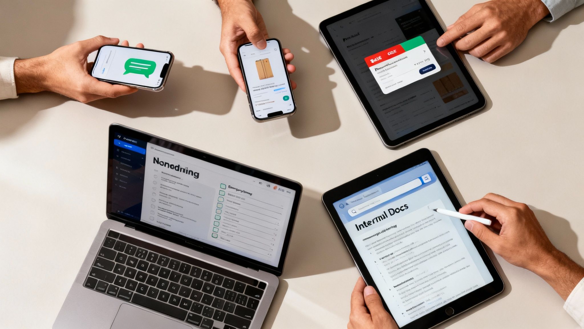 People collaborate using multiple digital devices like laptops, smartphones, and tablets for business tasks.