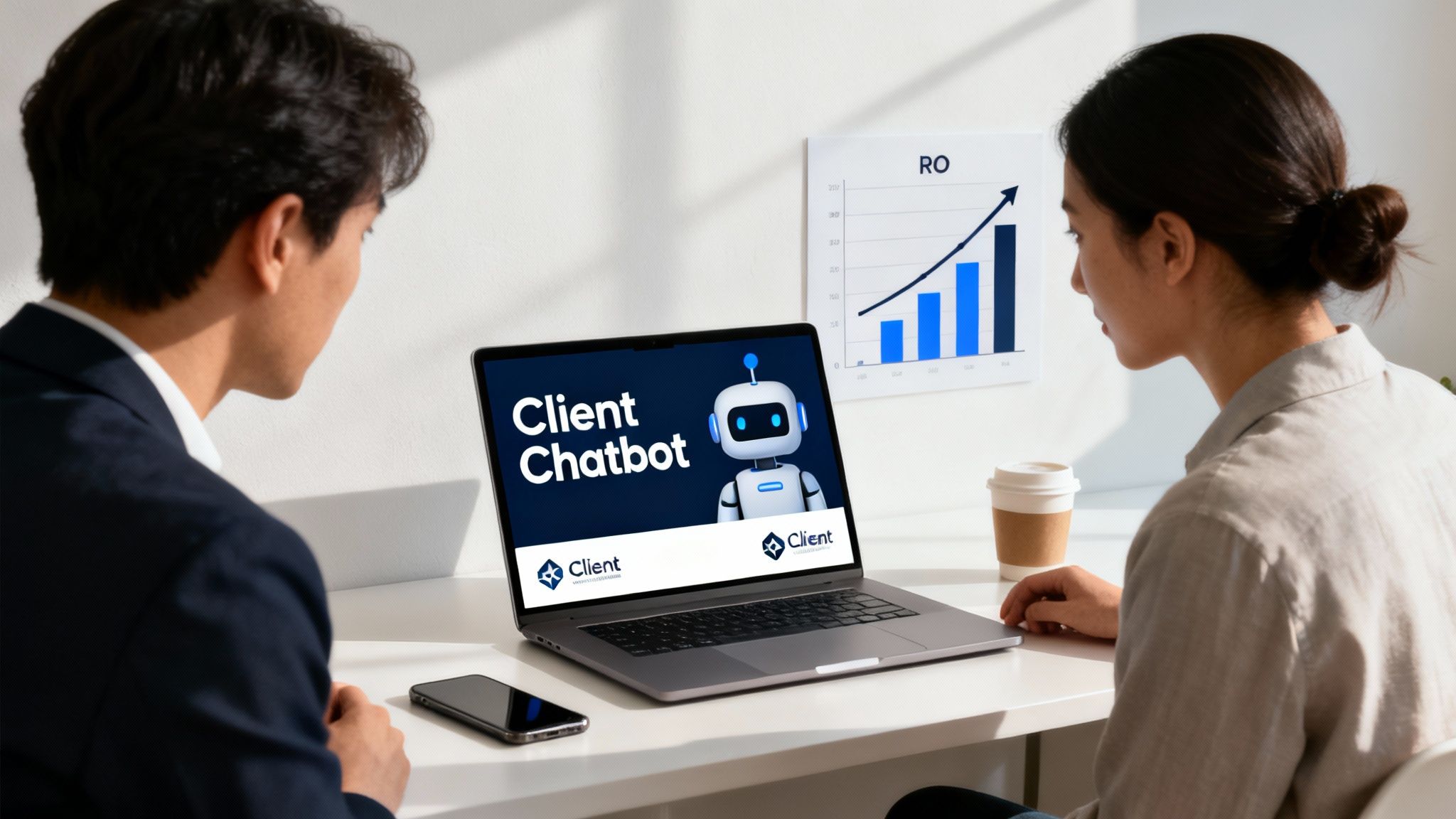 Two professionals review a laptop showing a 'Client Chatbot' interface with a robot, discussing business solutions.
