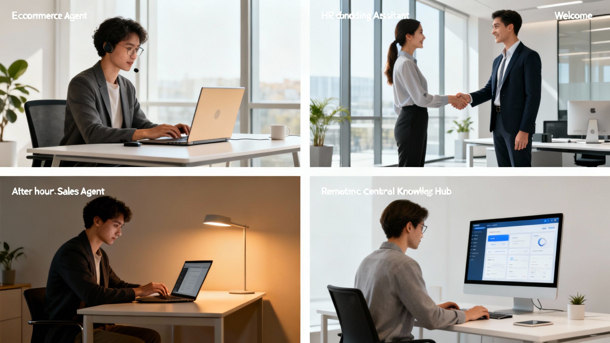 Four panels show diverse AI agents: ecommerce, HR, sales, and knowledge hub professionals working.