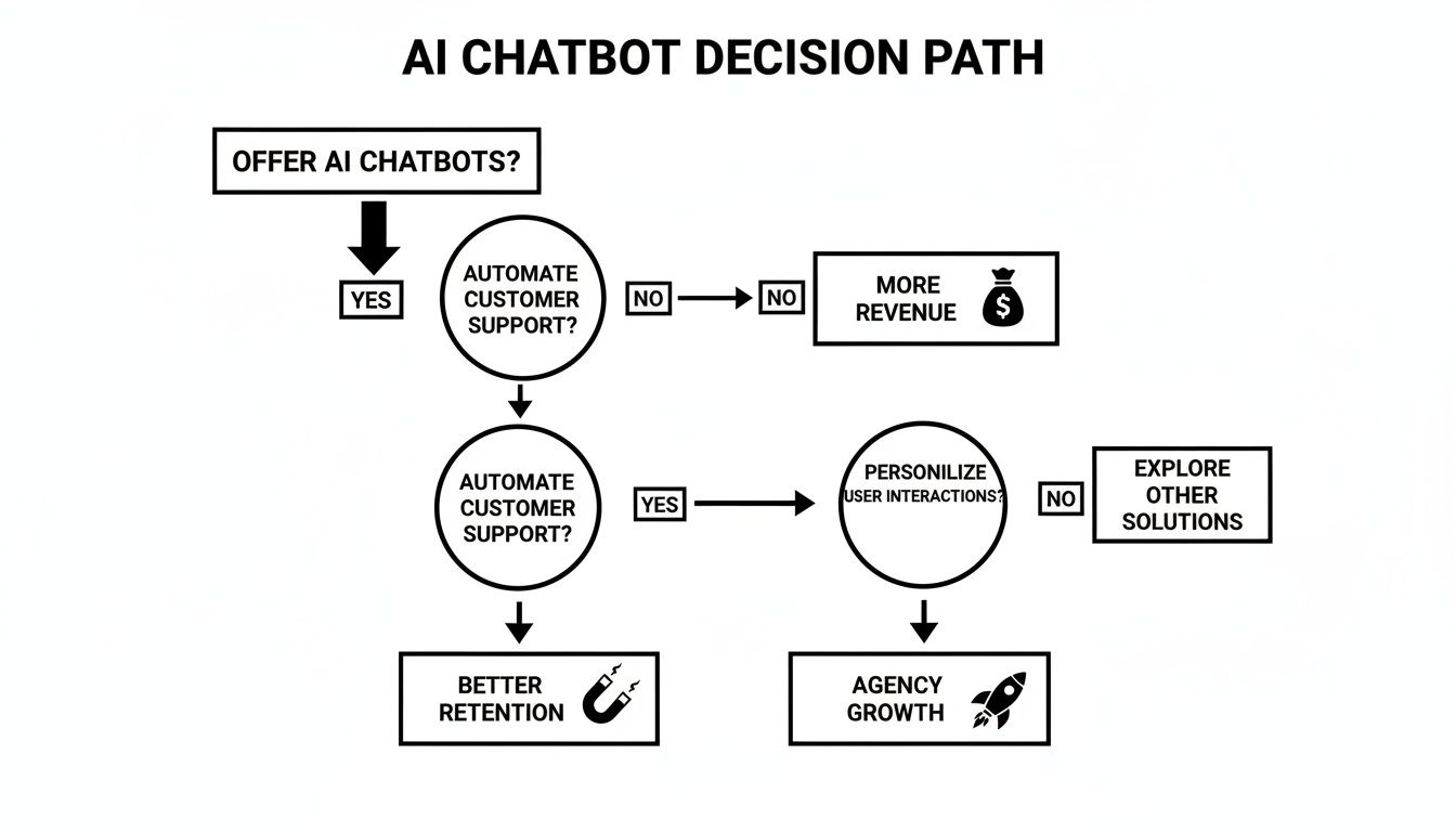 An AI chatbot decision path flowchart showing automation, personalization, and potential business outcomes.