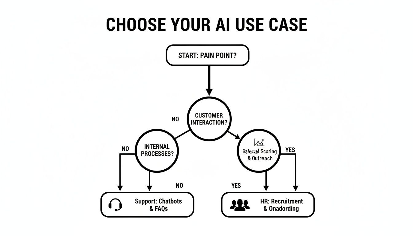 A decision flowchart for selecting AI use cases, considering customer interaction, internal processes, sales, HR, and support.