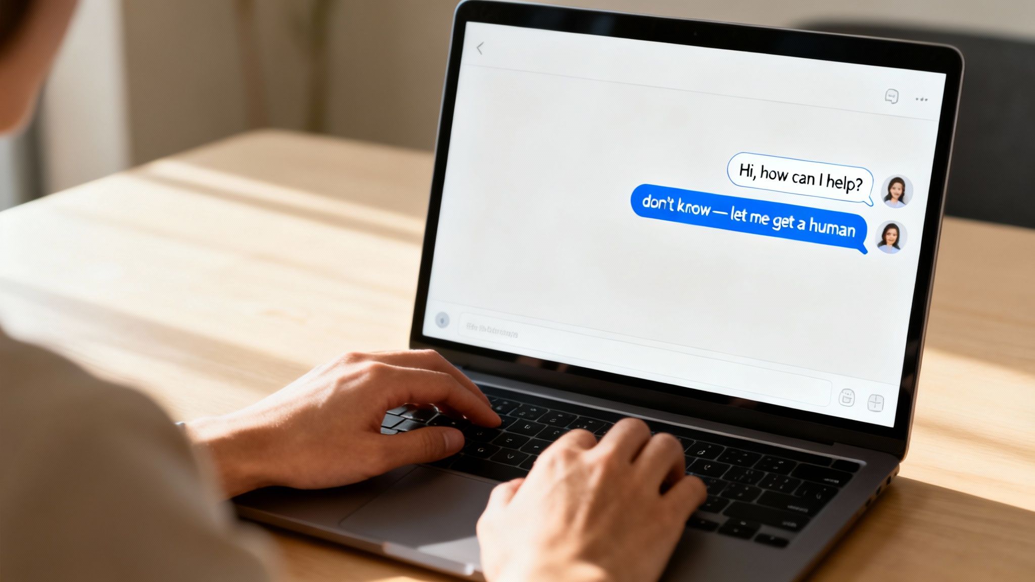 Person typing on a laptop showing a chatbot conversation asking for human assistance.