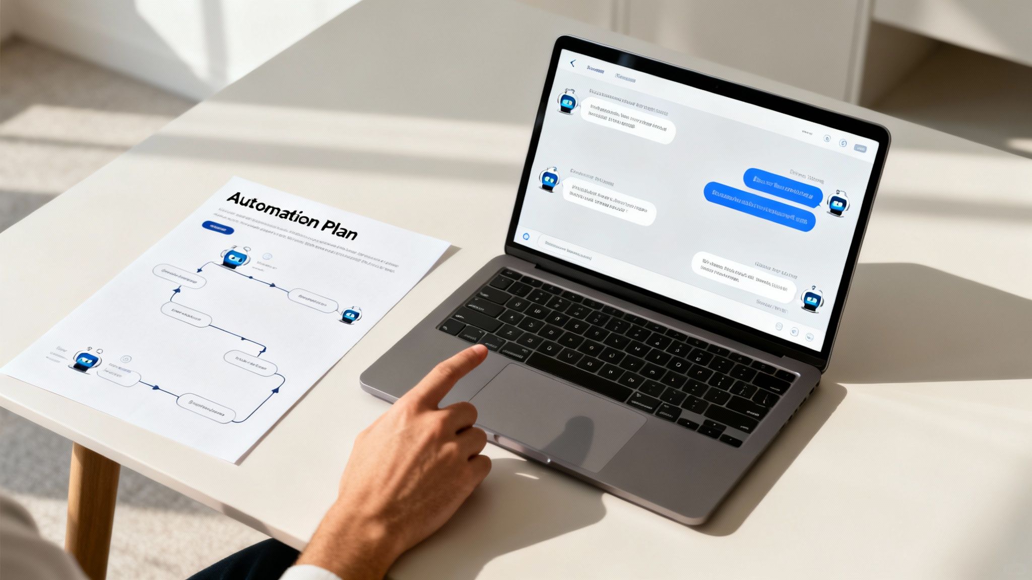 A person's hand on a laptop next to an "Automation Plan" document, featuring chatbot interaction.
