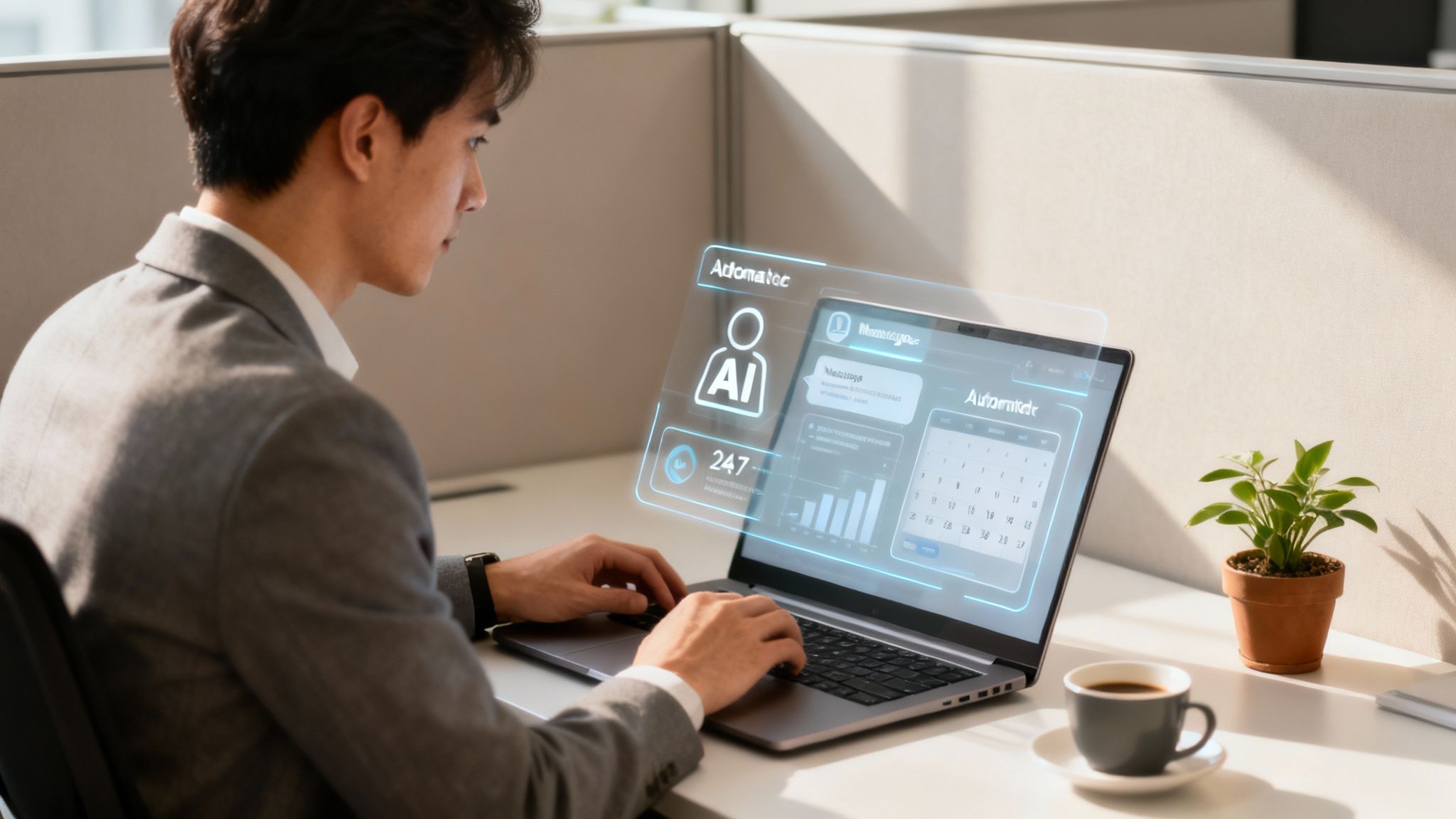 Young man using a laptop with holographic AI interface showing automation data in an office.