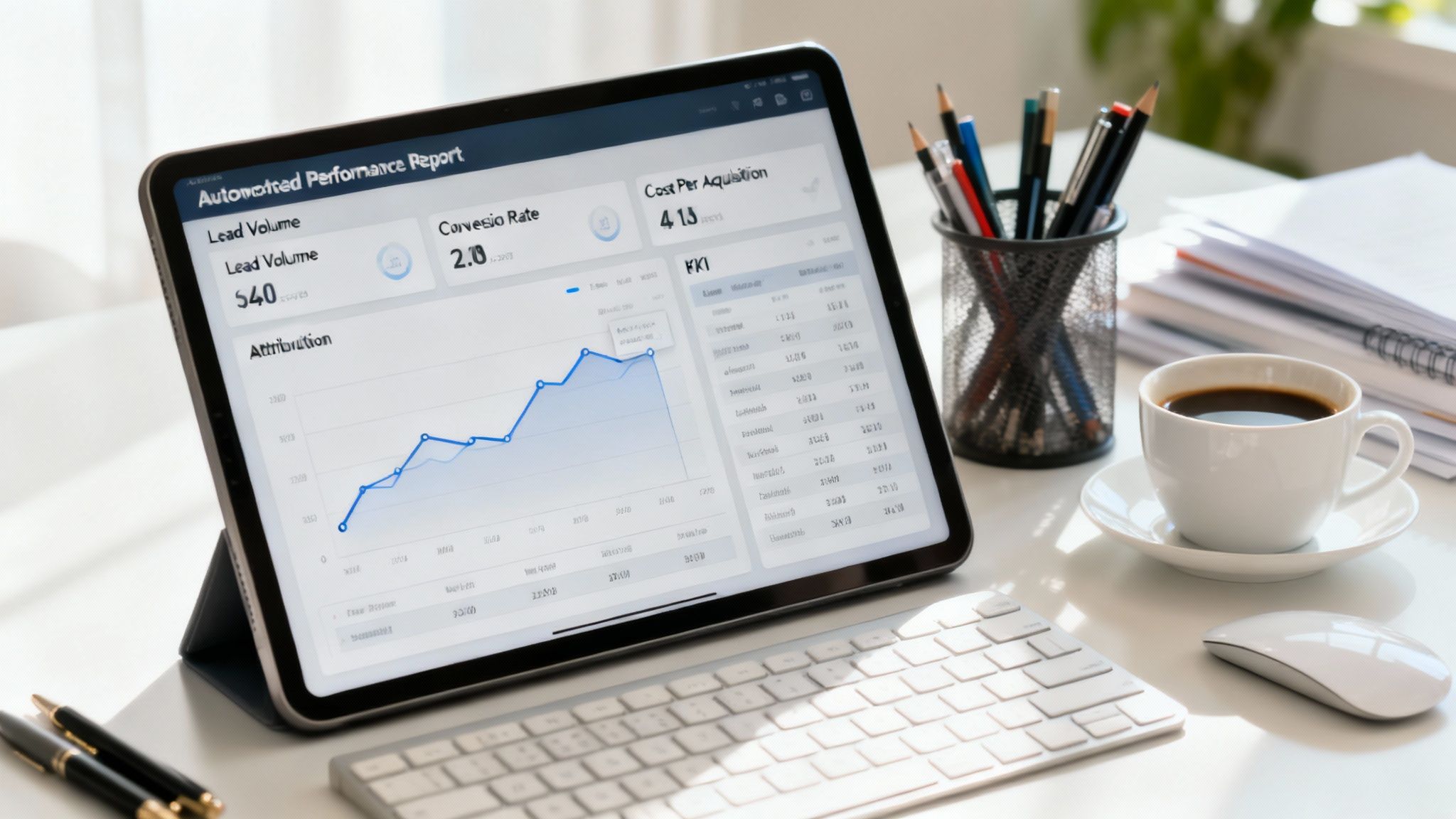 Tablet on a white office desk displaying an automated marketing performance report with graphs and data.