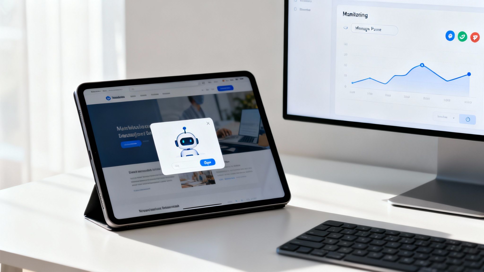 Workstation with a tablet showing a chatbot interface and a monitor displaying data analytics.