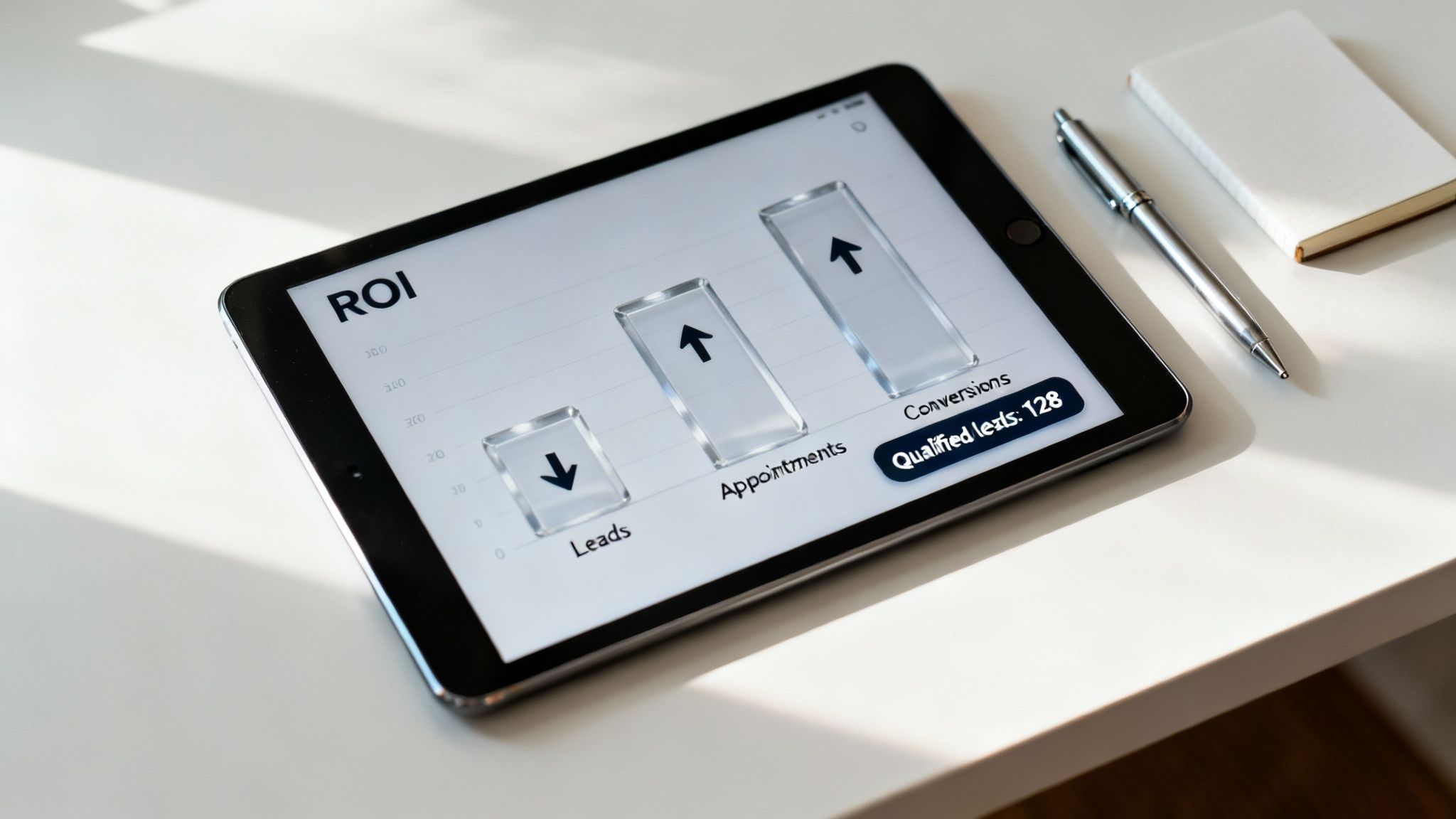 A tablet displays an ROI dashboard with a bar chart showing leads, appointments, and conversions data.