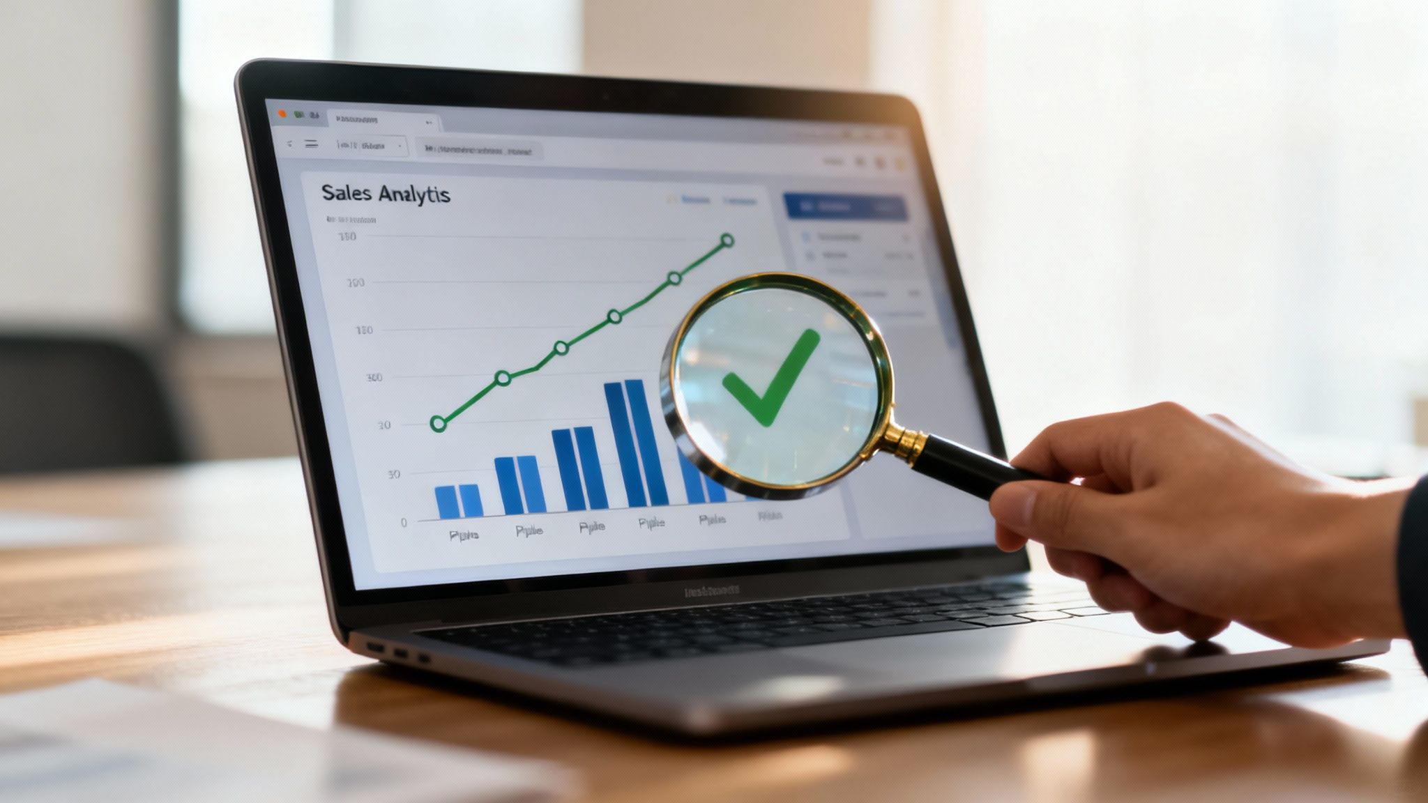 Close-up of a laptop displaying a sales analytics chart, with a magnifying glass showing a green checkmark.
