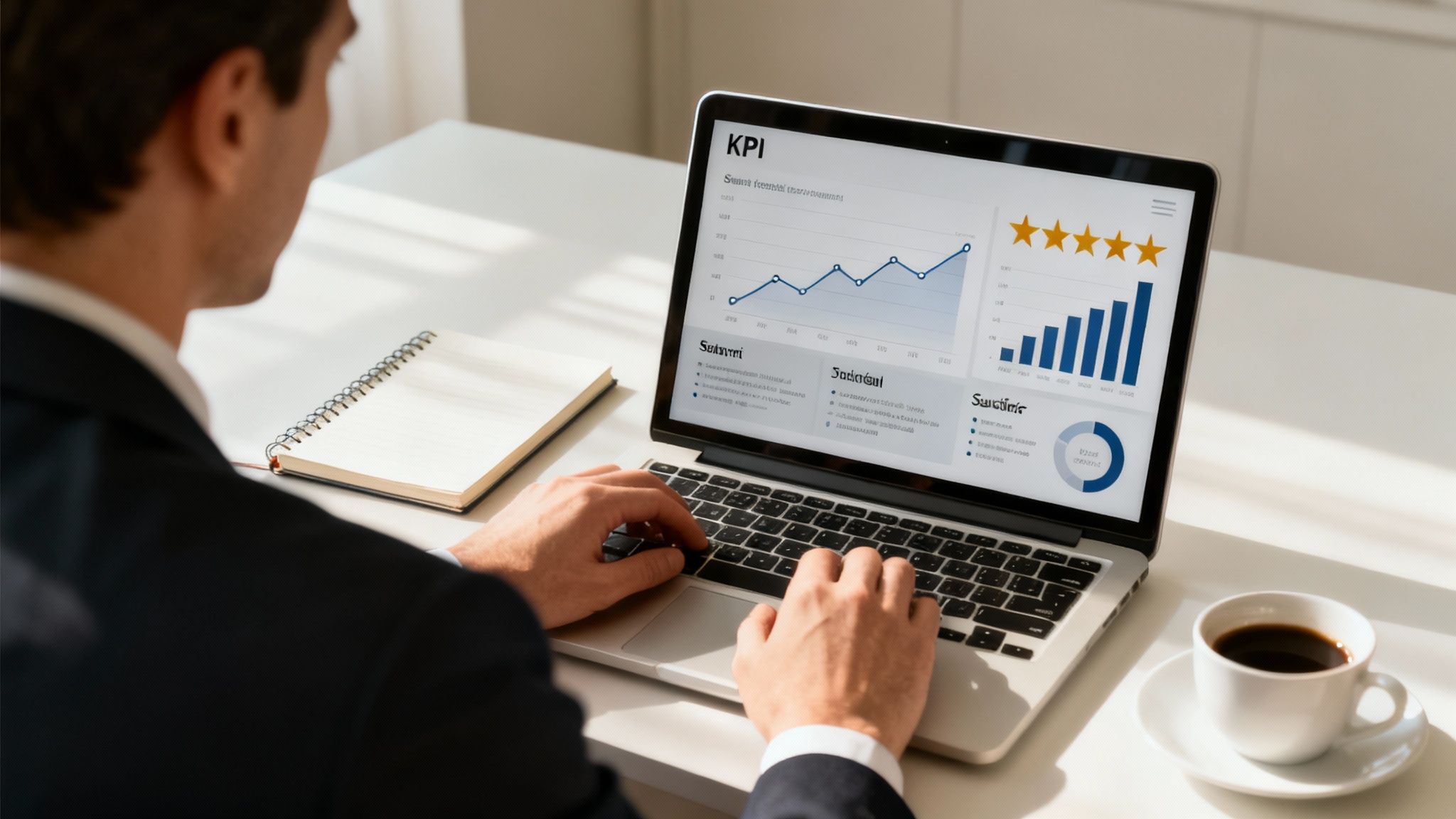 Businessman analyzes performance data and charts on a laptop in an office setting.