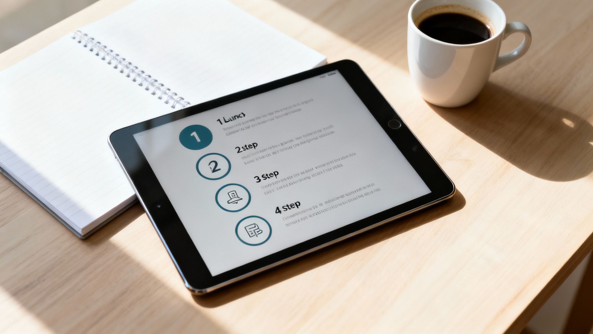 A tablet showing a step-by-step guide with icons, next to a notebook and coffee on a wooden desk.