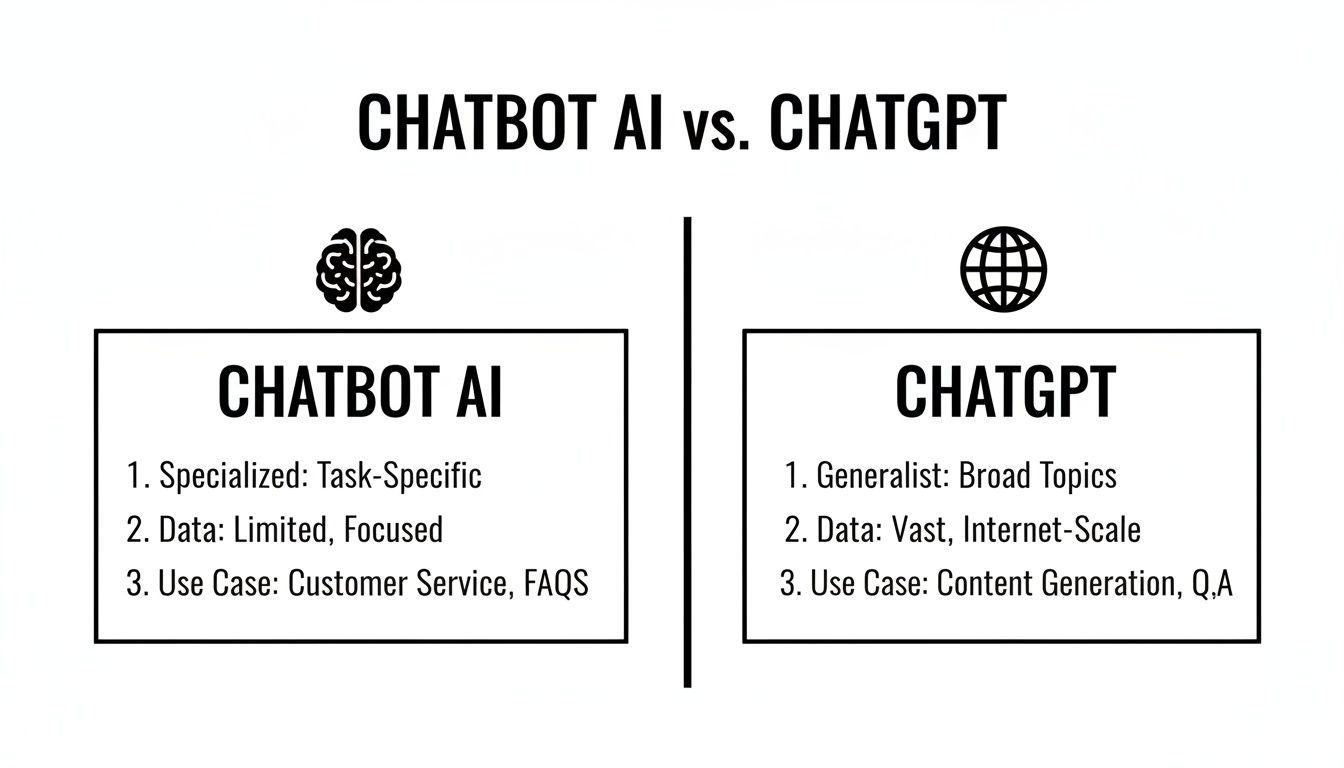 A comparison chart detailing the differences between Chatbot AI and ChatGPT, including data and use cases.