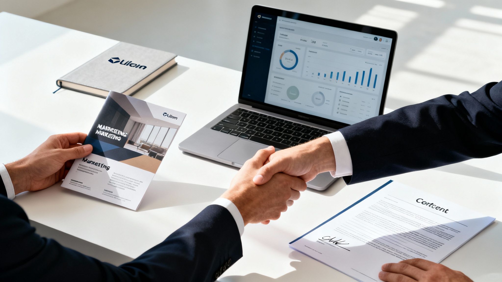 Two businessmen shaking hands at a table with marketing brochures, a laptop, and a signed contract, symbolizing a successful partnership.
