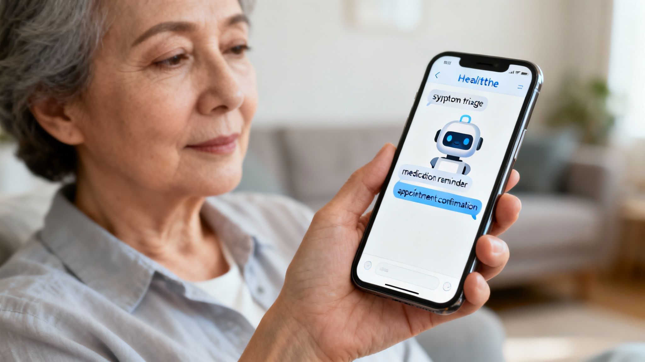 An elderly woman views a smartphone app with a healthcare chatbot offering symptom triage and reminders.
