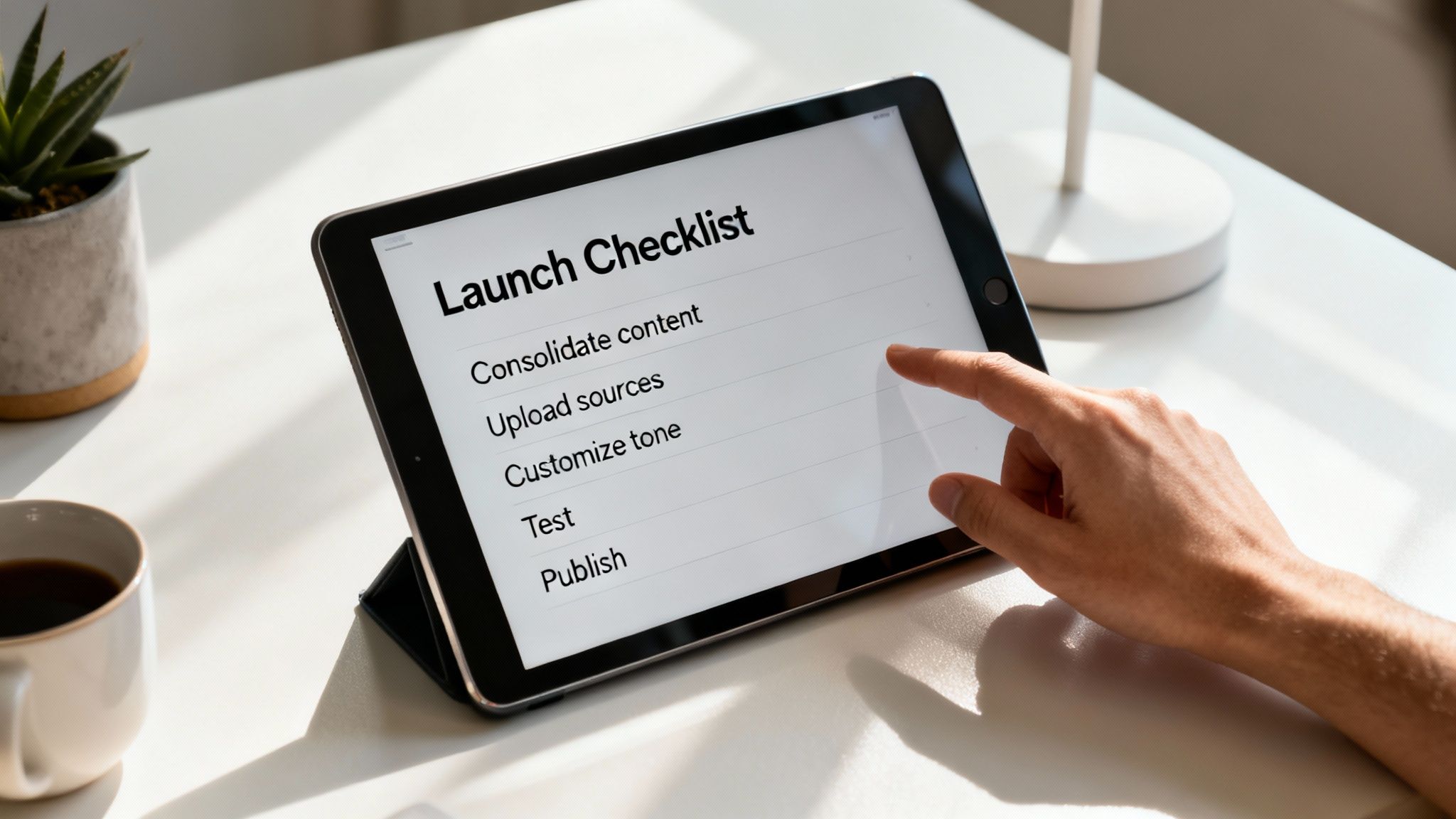 Close-up of a hand tapping a tablet screen showing a 'Launch Checklist' for project management.