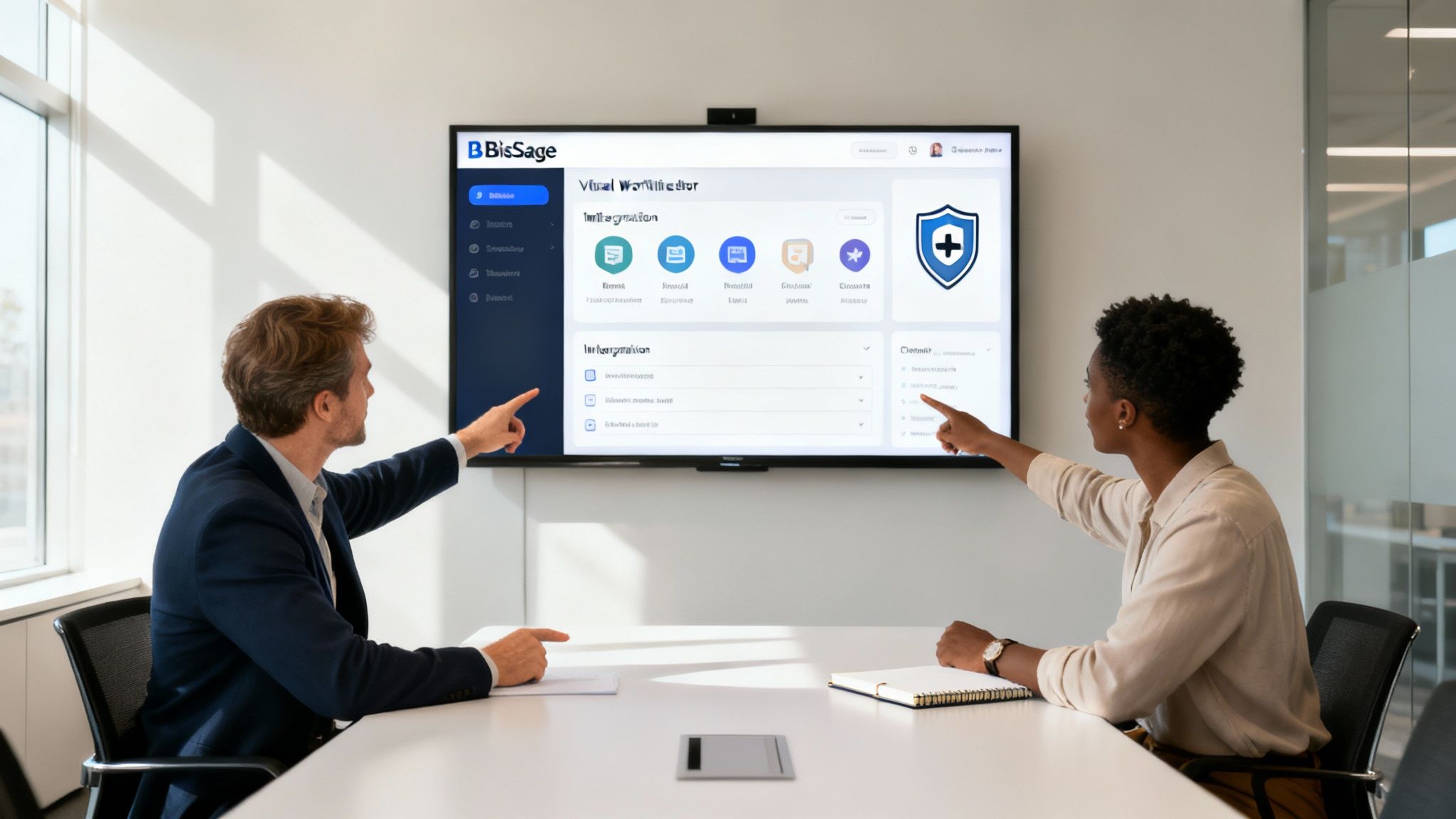 Two professionals discuss a no-code visual workflow editor on a large screen in a modern meeting room.
