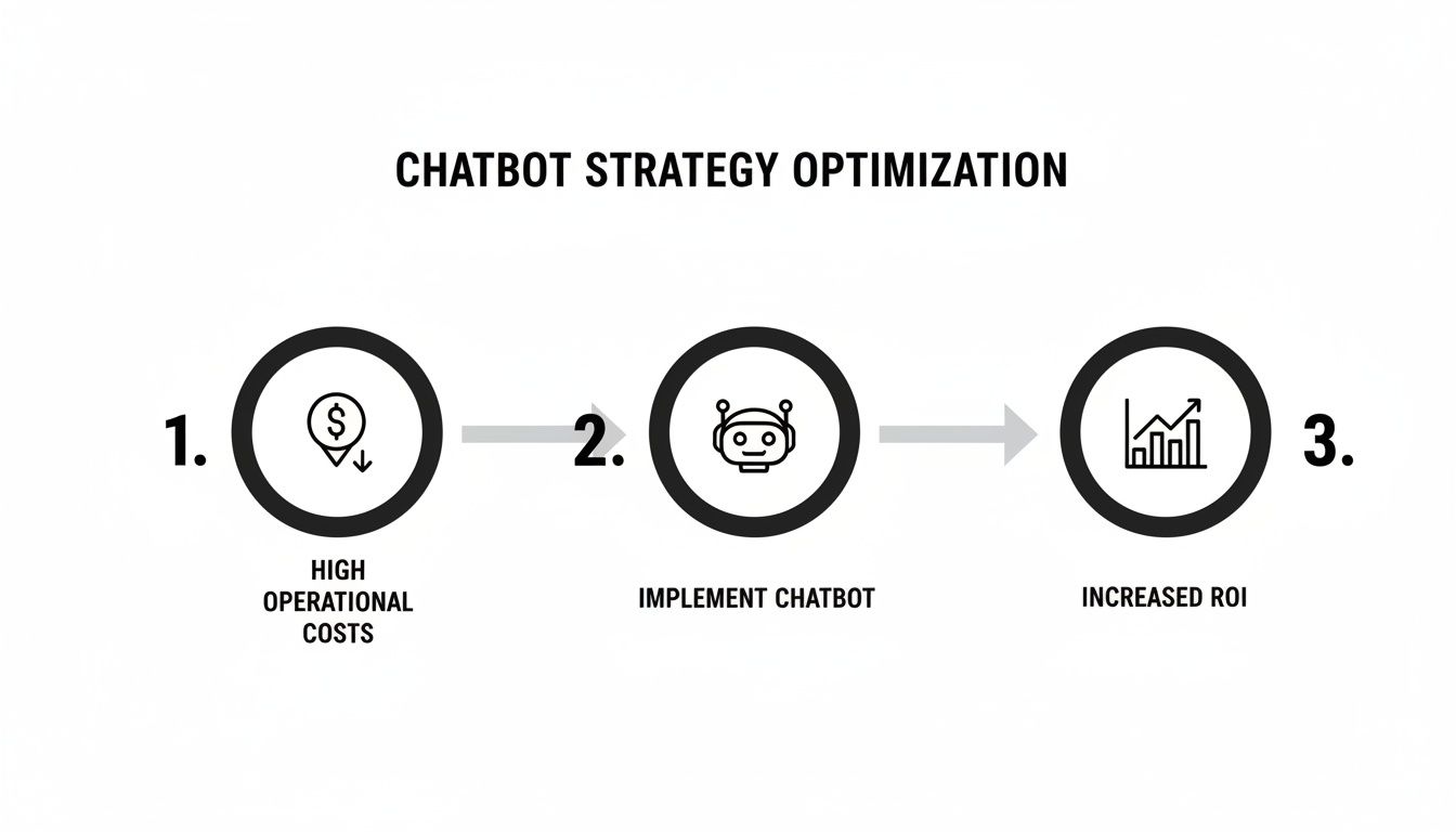 Infographic showing chatbot strategy optimization: high operational costs to increased ROI via chatbot.