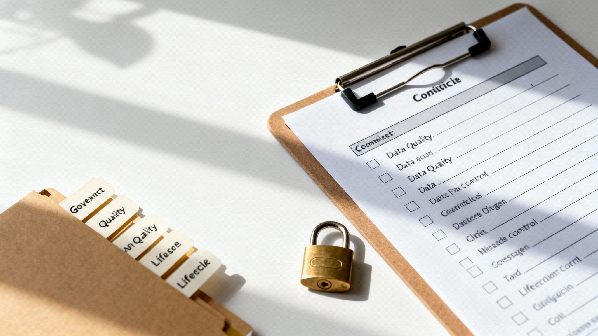 A checklist on a clipboard, file tabs for 'Governance' and 'Quality', and a padlock on a white desk.