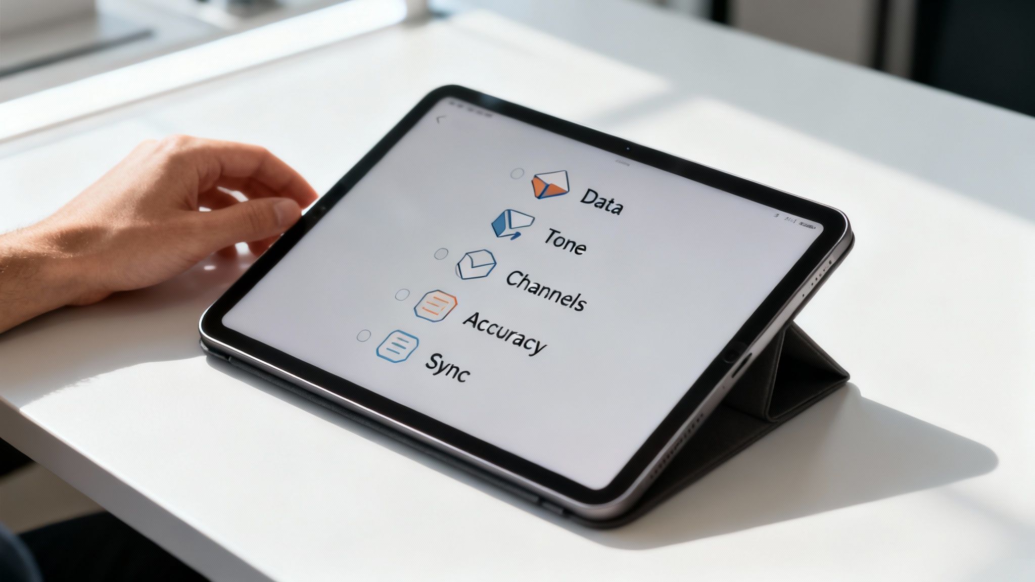 A person's hand rests next to a tablet displaying a menu with options like Data, Tone, and Accuracy.