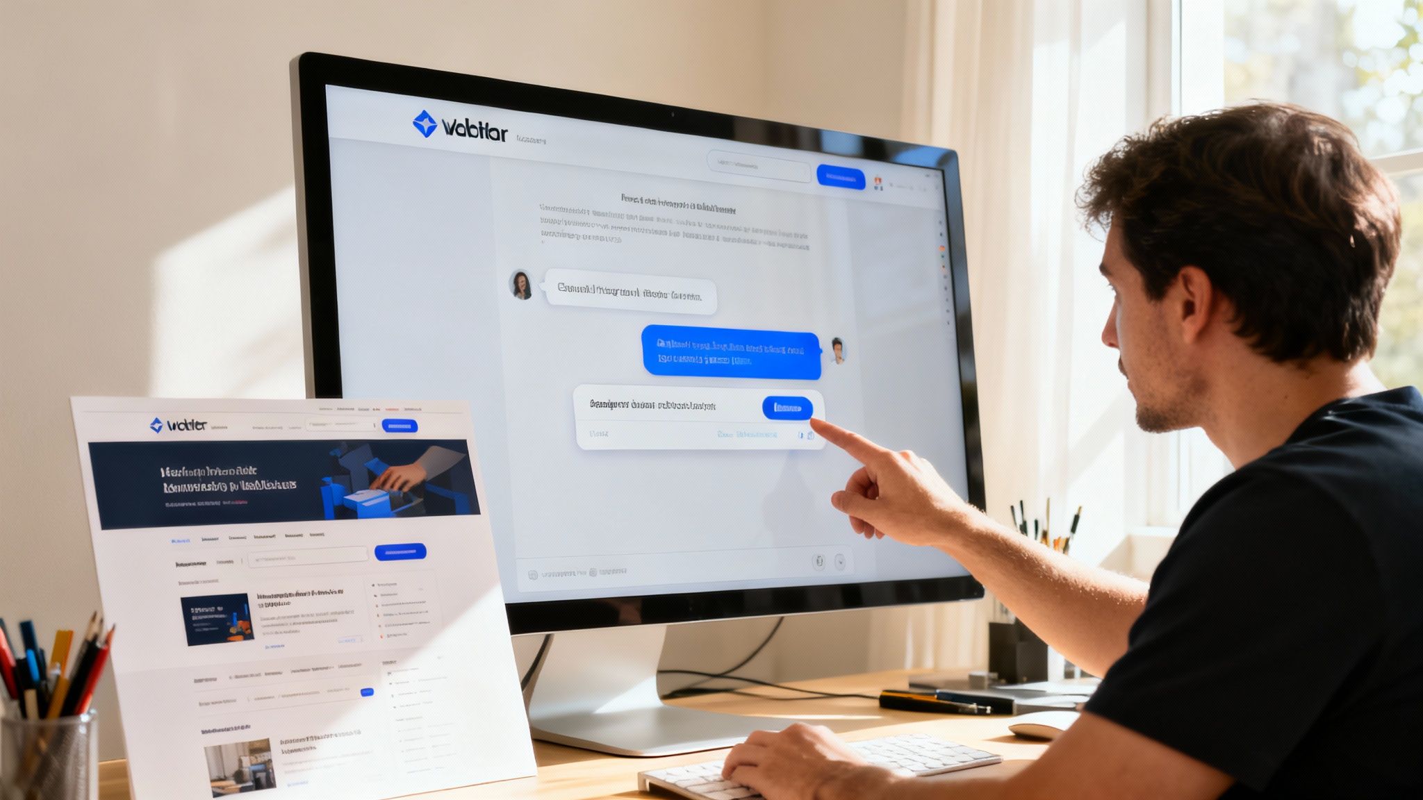 Man interacting with a white-label AI agent chat interface on a computer monitor at his desk.