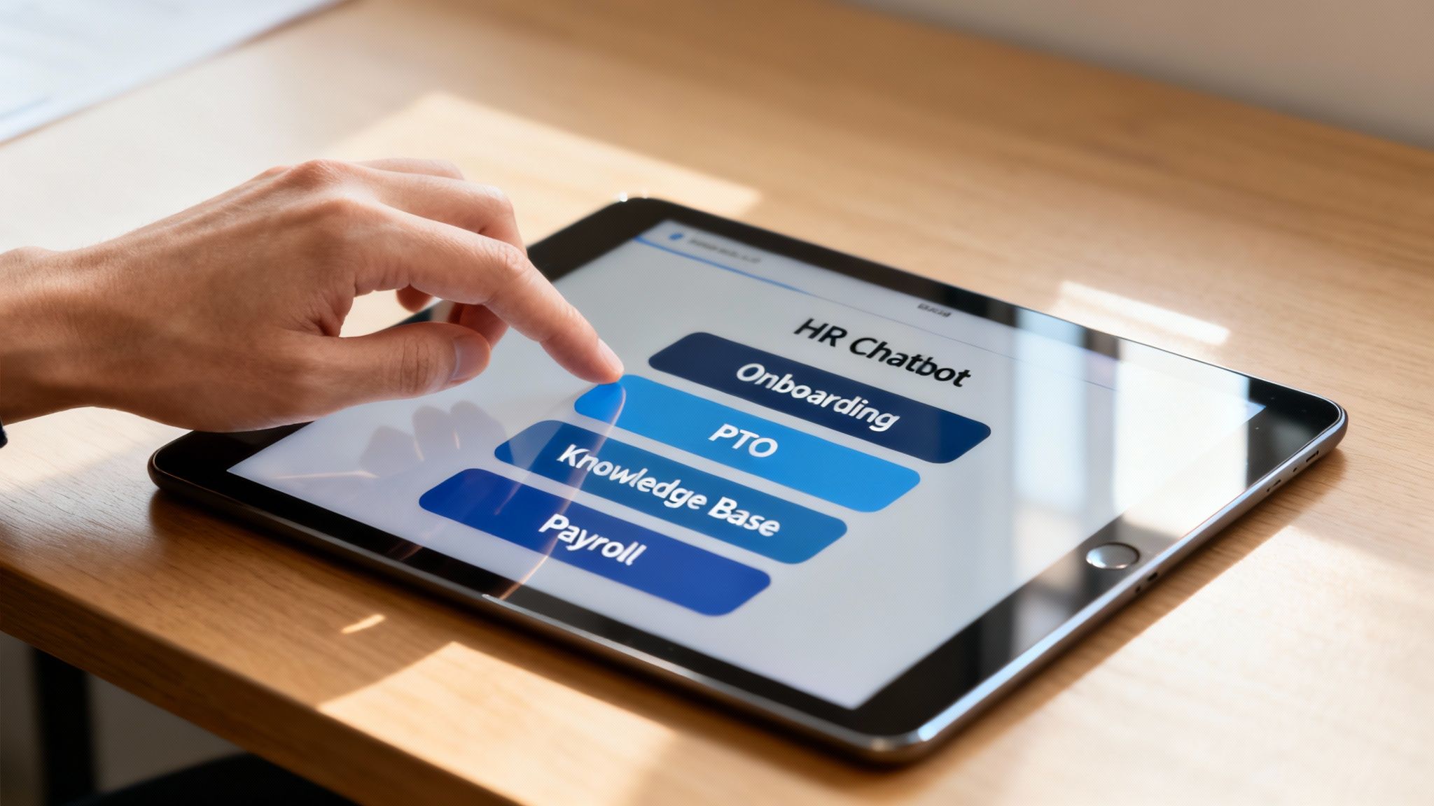 Person's hand tapping a tablet screen displaying an HR chatbot with 'PTO' option highlighted.
