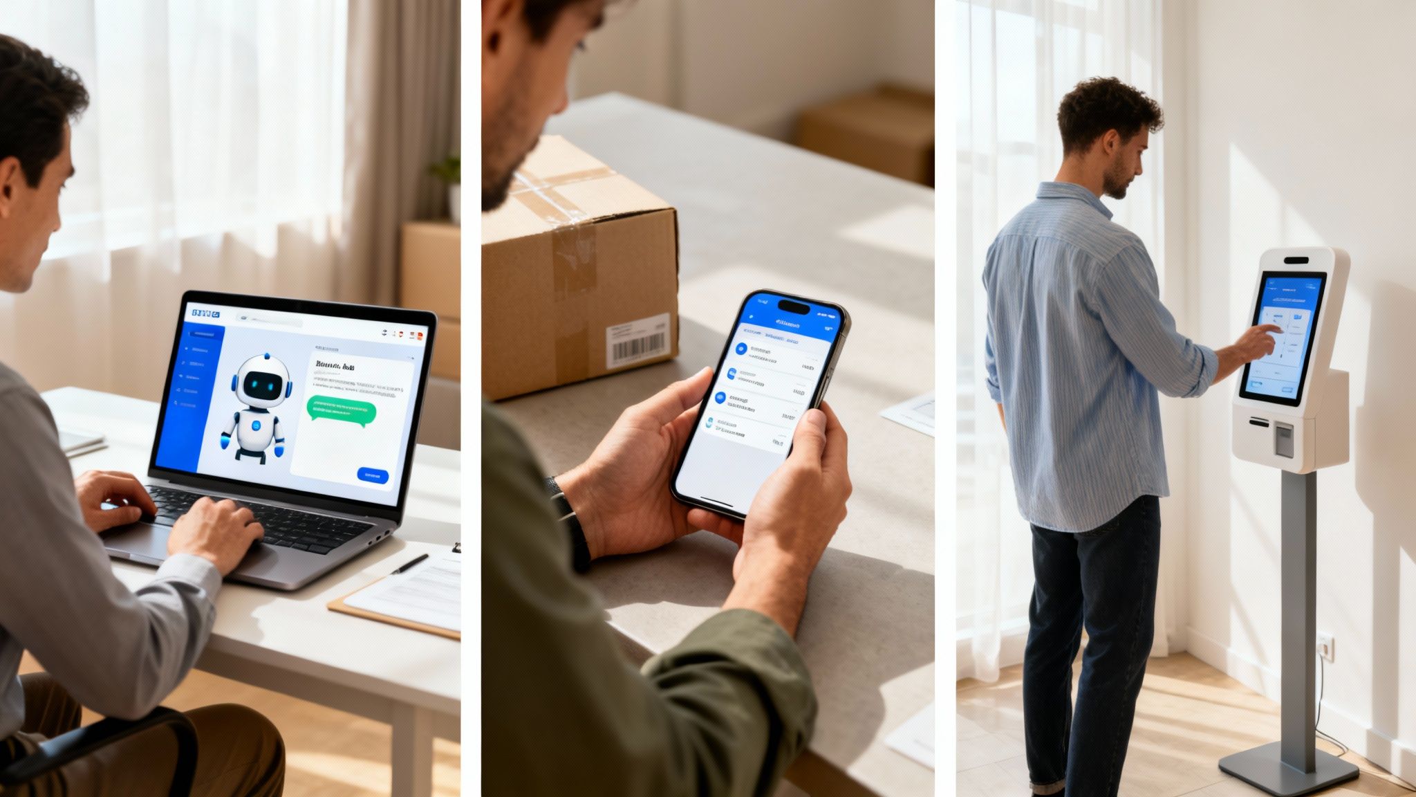 A man uses a laptop with a chatbot, another man checks his phone, and a third man uses a self-service kiosk.