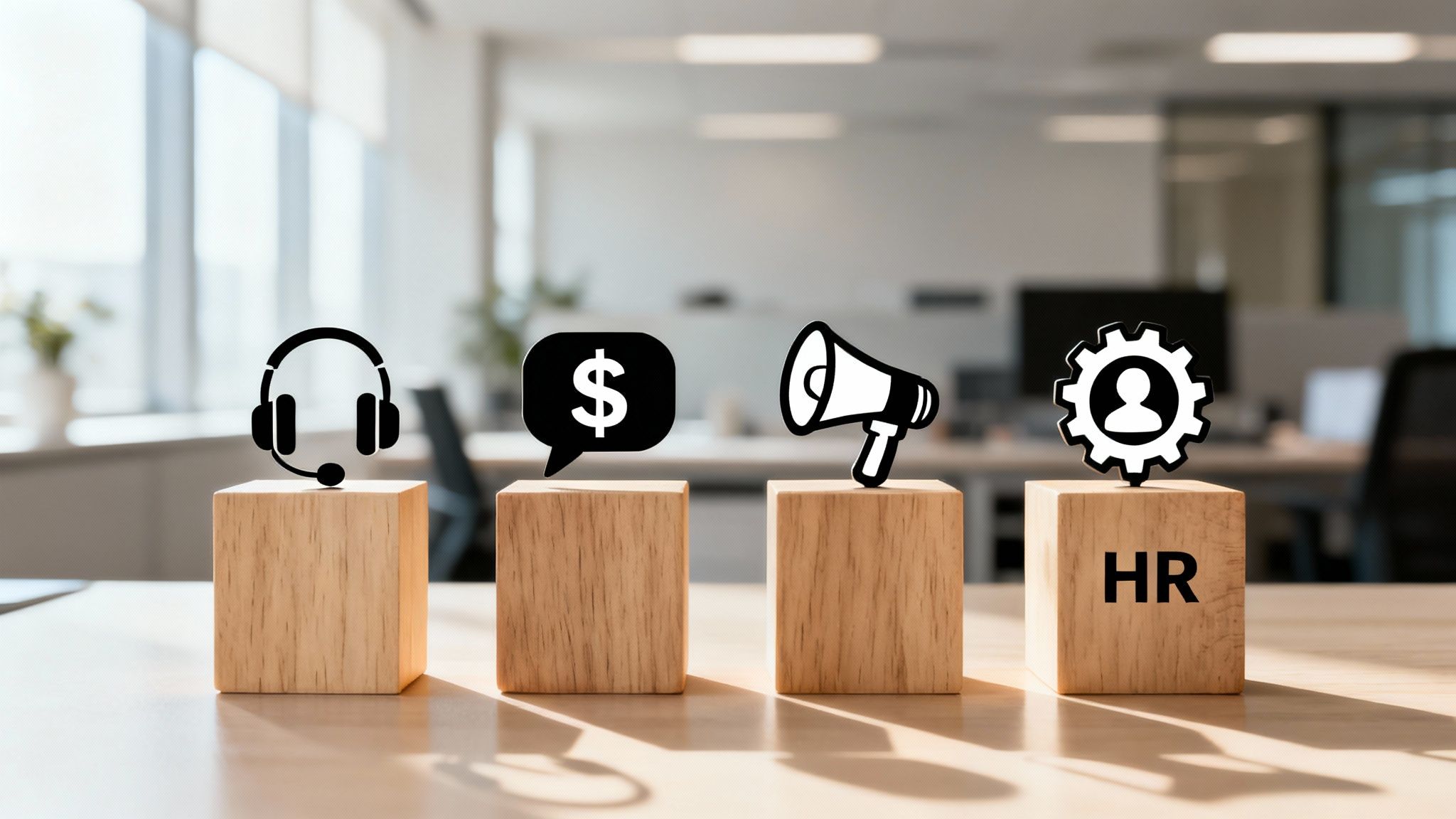Four wooden blocks with icons representing customer service, salary, communication, and HR in an office.