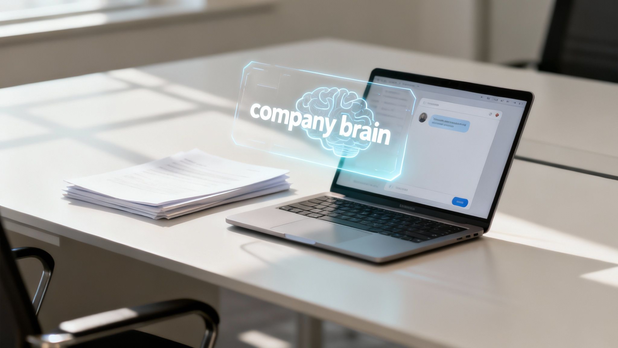 A laptop on a desk displaying a chat interface, with a holographic 'company brain' projection and a brain icon.